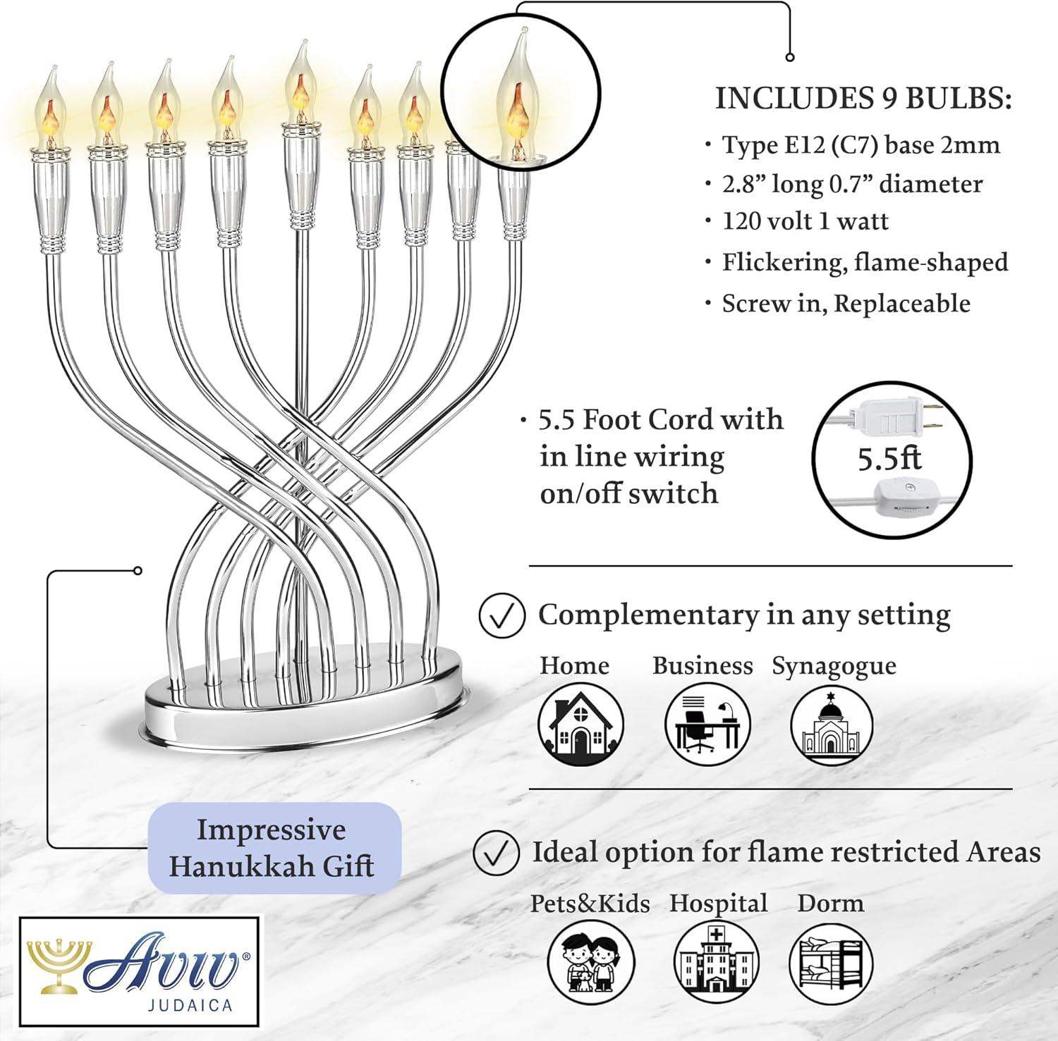 Aviv Judaica Classic Illumination Electric Menorah with 9 Flickering Flames Bulbs Contemporary Design Hanukkiah Minorah Flameless Chanukah Candles Menurah for Bank Business Home Hanukah Lights Decor