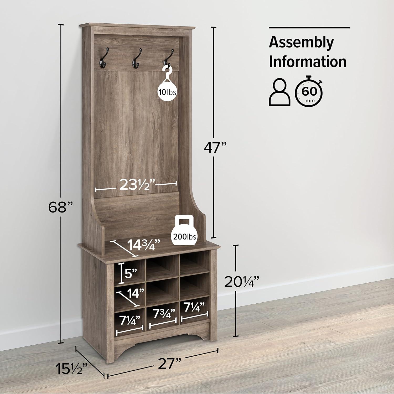 27" Drifted Gray Hall Tree with 9 Shoe Cubbies and Bench