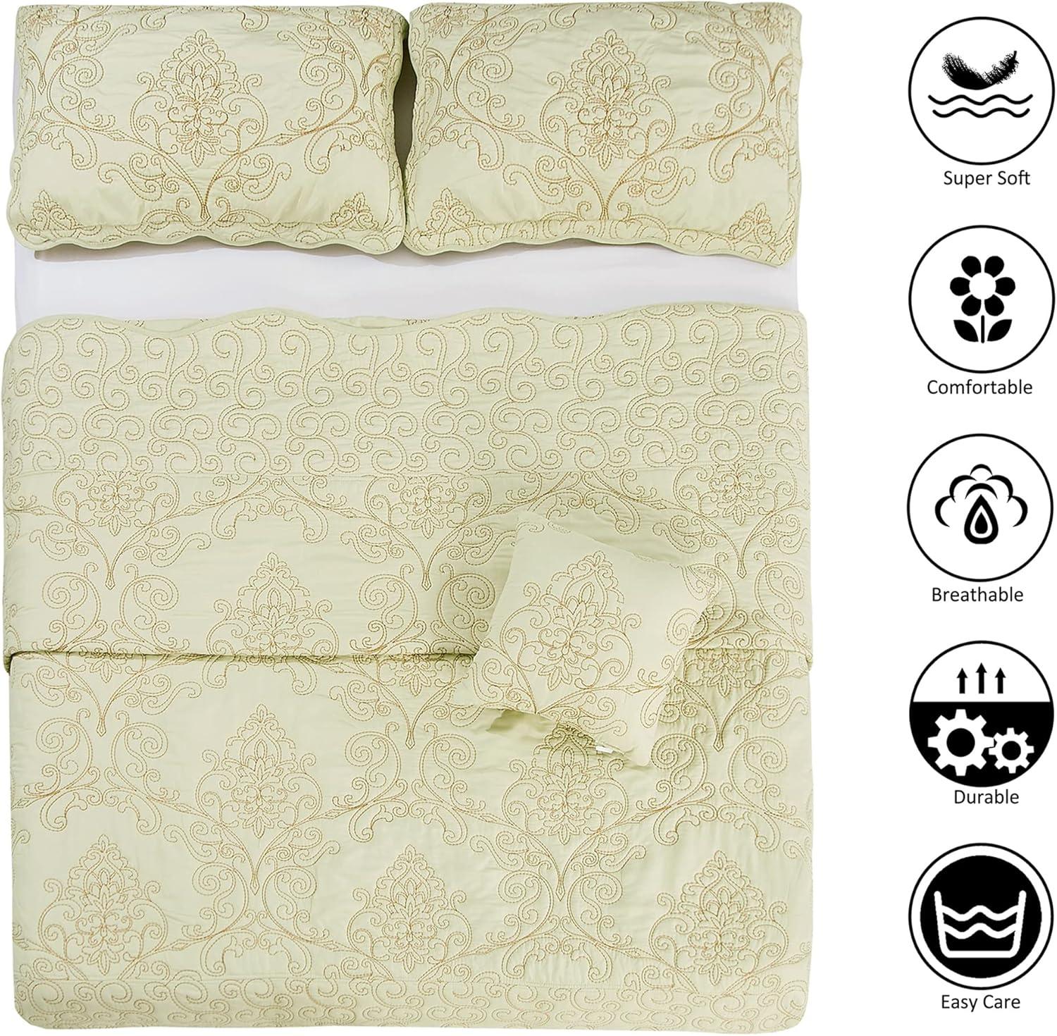 Home Soft Things 4-Piece Reversible Damask Embroidery Bedspread Set, Light Green, Oversized King 120"x120"