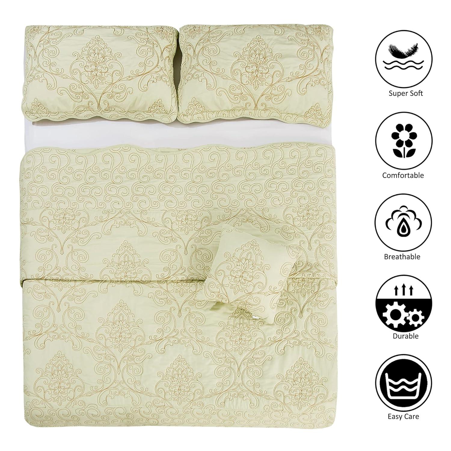 Home Soft Things 4-Piece Reversible Damask Embroidery Bedspread Set, Light Green, Oversized King 120"x120"