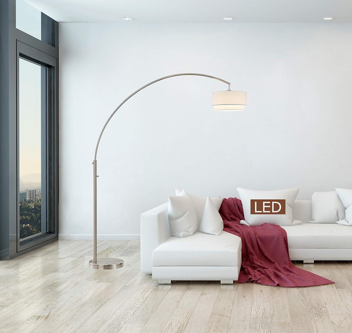 Elena II Adjustable Satin Nickel Arc Floor Lamp with Off-White Shade