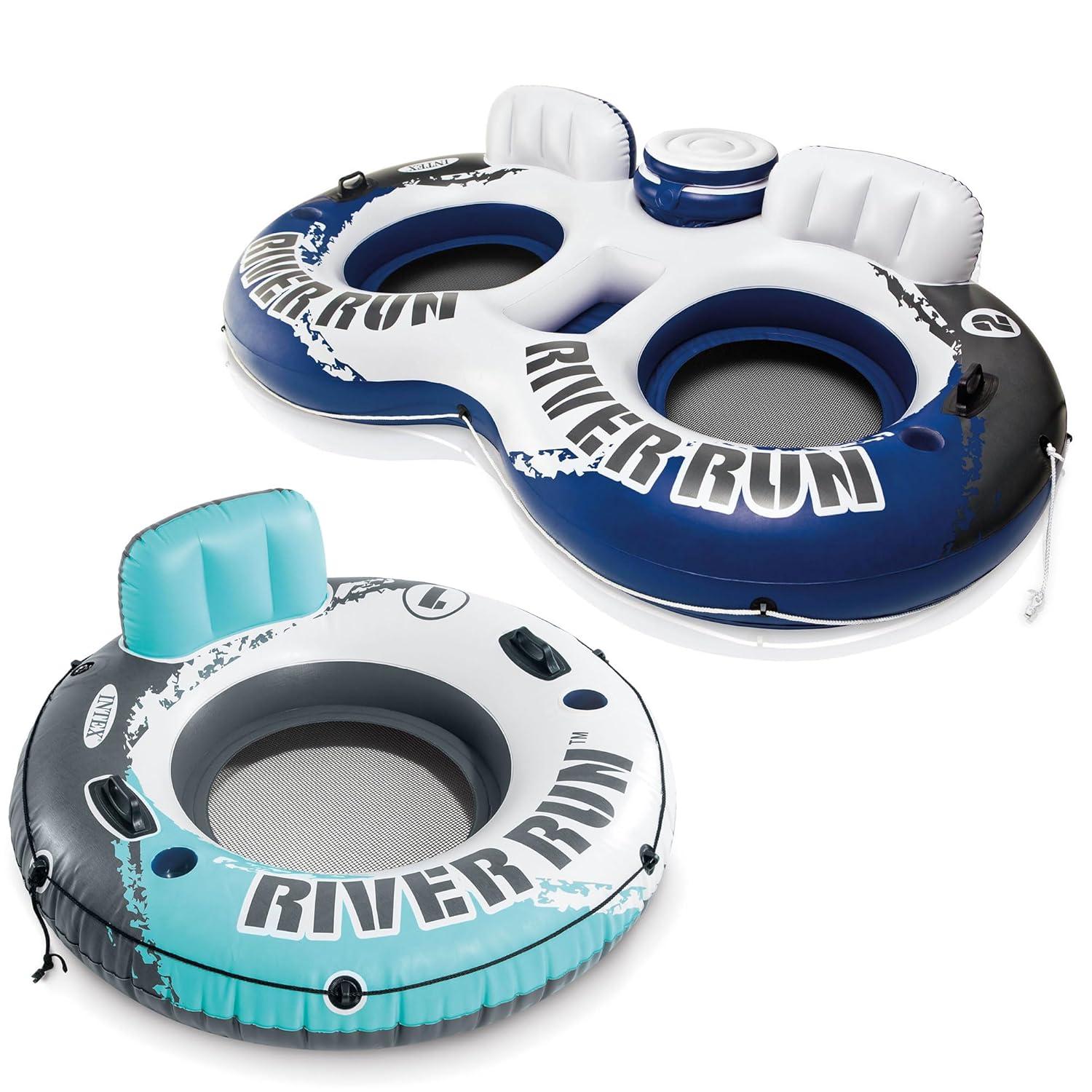Intex River Run 53 Inch Inflatable Floating Water Tube Lake Pool Ocean Raft & River Run II Inflatable 2 Person Pool Tube Float w/ Cooler & Repair Kit