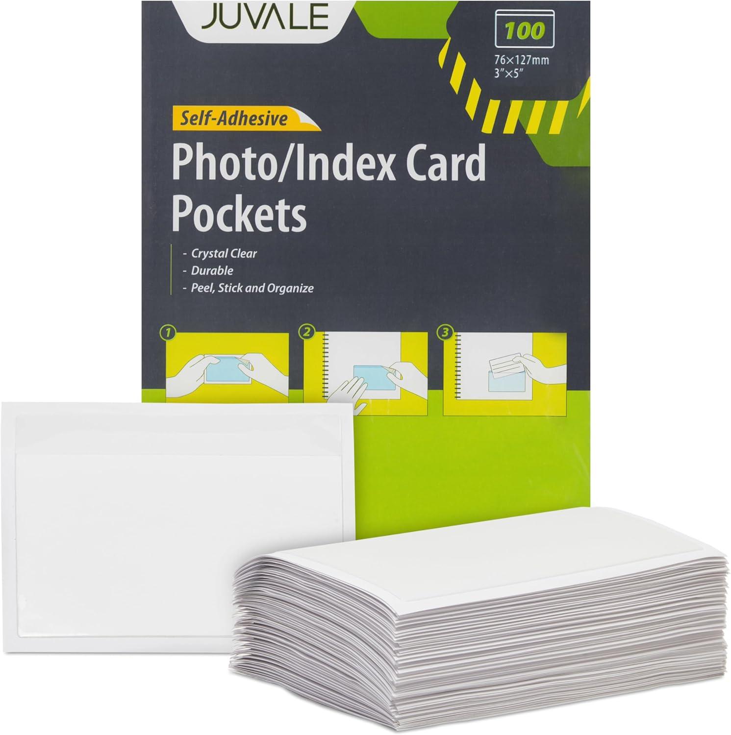 Juvale 100 Pack Clear Pockets Sleeves for Index Cards 3x5, Bulk Self-Adhesive Top Load Label, Plastic Holder Protectors for Office Storage Supplies