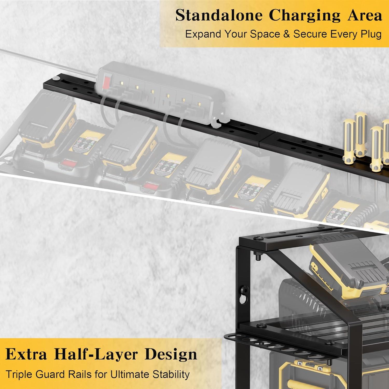 Spampur Power Tool Organizer Wall Mount with Charging Station, Garage Tool Shelf 6 Drill Holders, Tool Battery Holder with Plier holder Heavy Duty Rack, Tool Storage Rack with 4 Outlet Power Strip