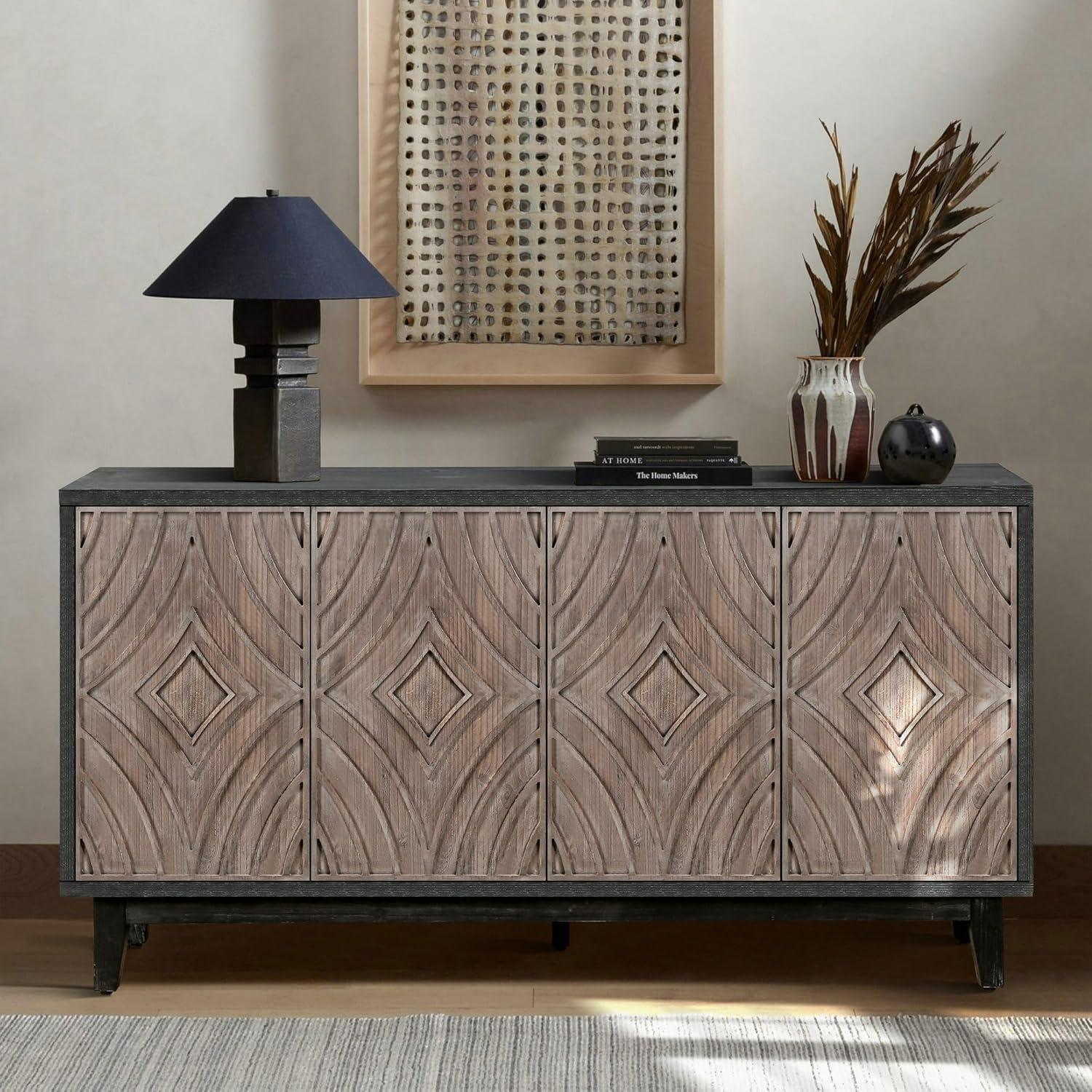 60" Mid Century Sideboard Buffet Kitchen Storage Cabinet, with 4 Convex pattern diamond Doors and 2 Shelves Accent, for Entrance, Hall, Antique Brown