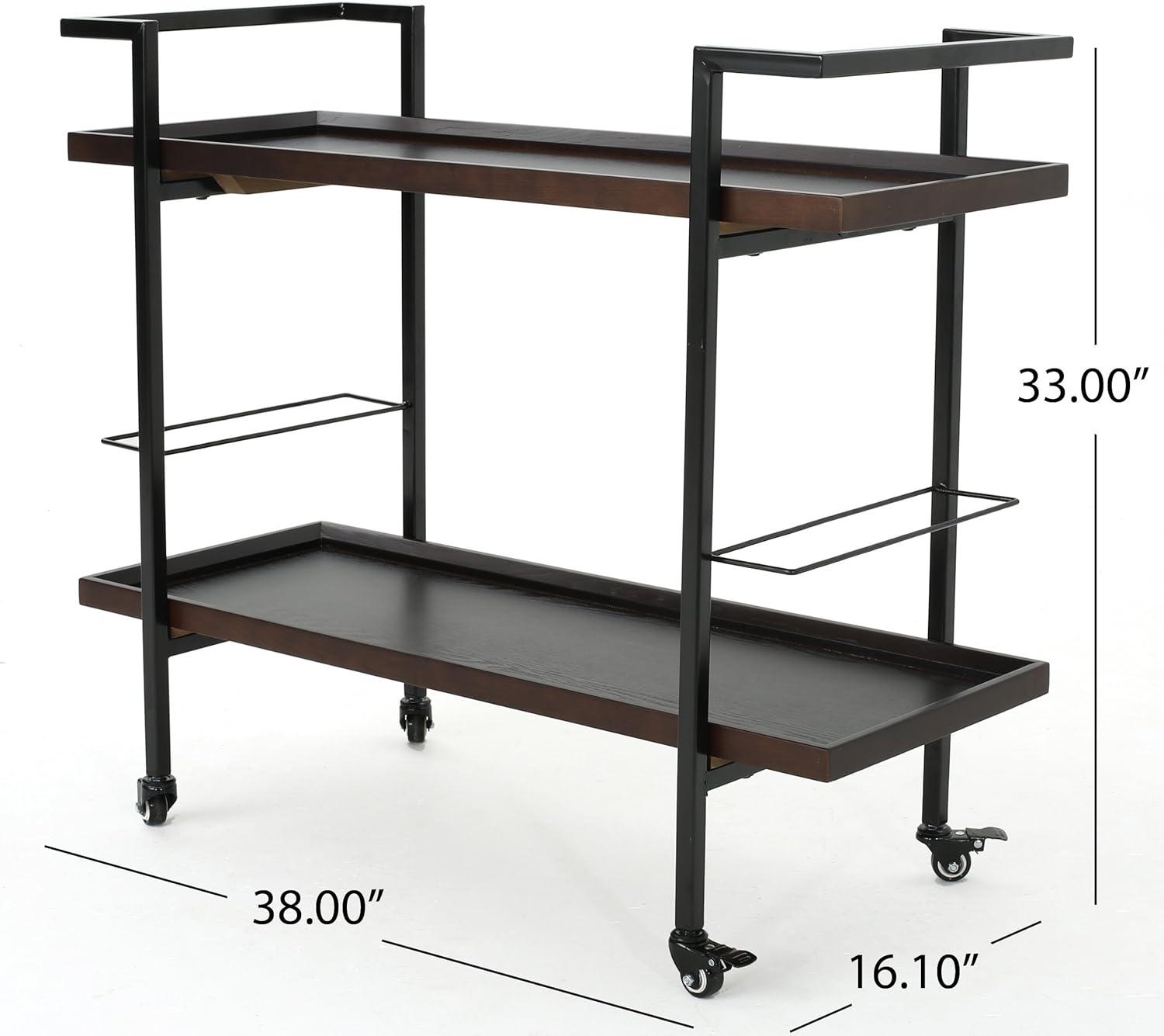 GDFStudio Harrison Industrial Faux Wood and Iron Bar Cart with Wheels, Dark Walnut