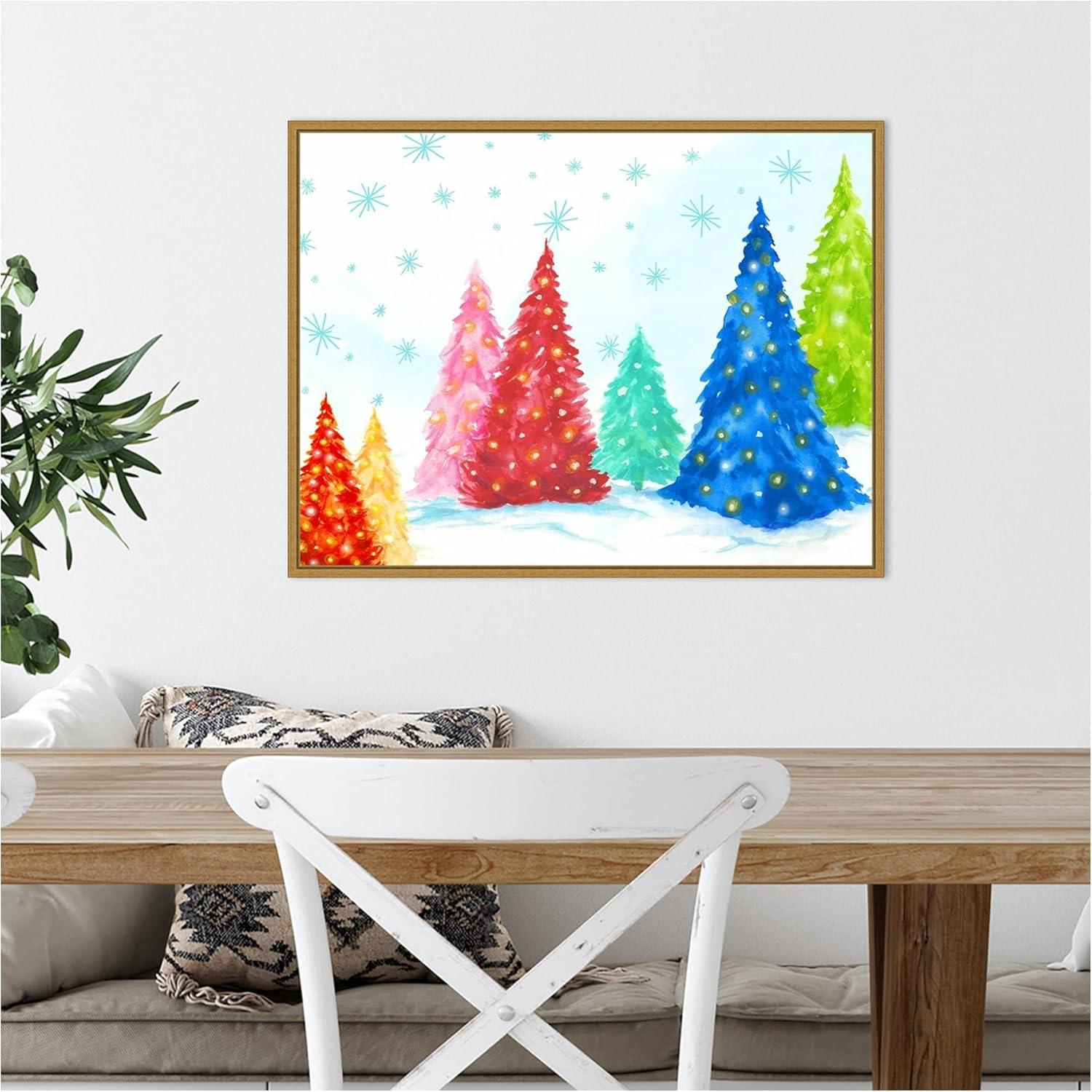 Magic Christmas Trees Multicolor Canvas Print with Gold Frame