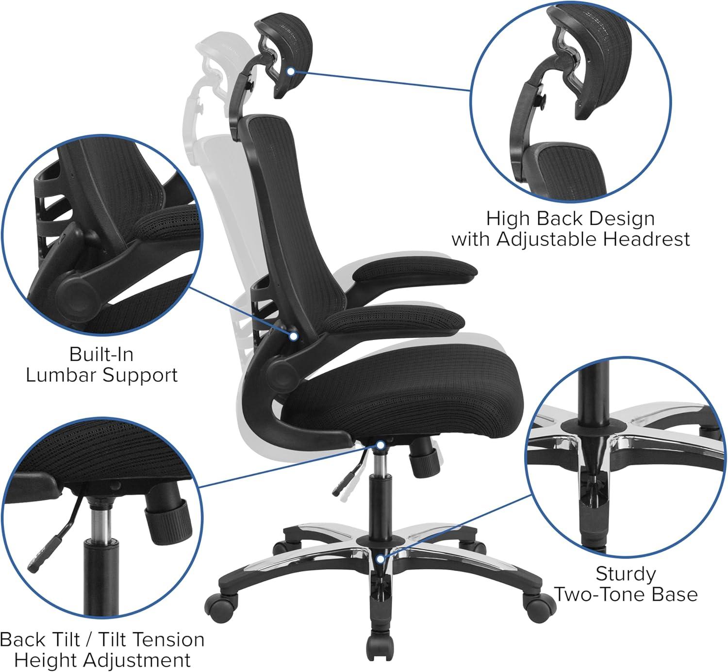 Flash Furniture Kelista High-Back Black Mesh Swivel Ergonomic Executive Office Chair with Flip-Up Arms and Adjustable Headrest