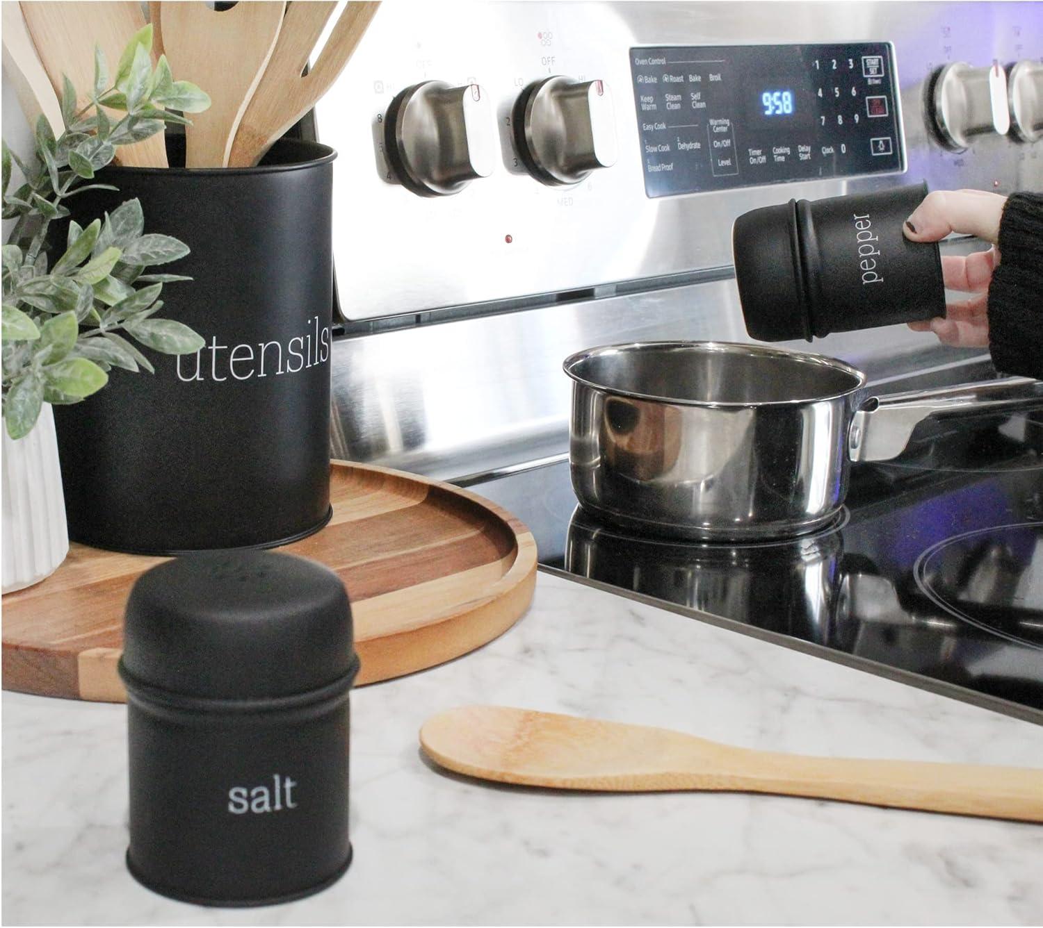 AuldHome Design Black Salt and Pepper Shaker Set; Modern Farmhouse Retro Style Shaker Set