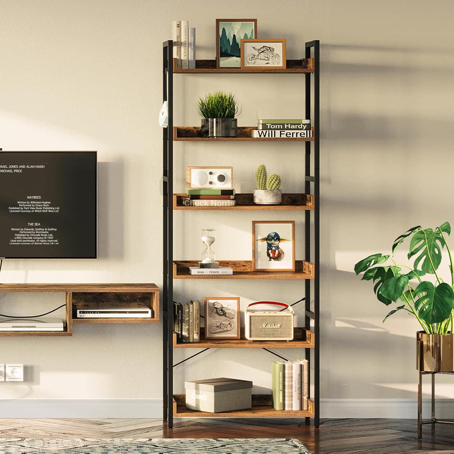 Bookshelf 6 Tier with 4 Hooks  Industrial Bookcase  Vintage Storage Rack with Open Shelves  Rustic Standing Bookshelves Metal Frame Display Rack for Living Room  Bedroom  Rustic Brown