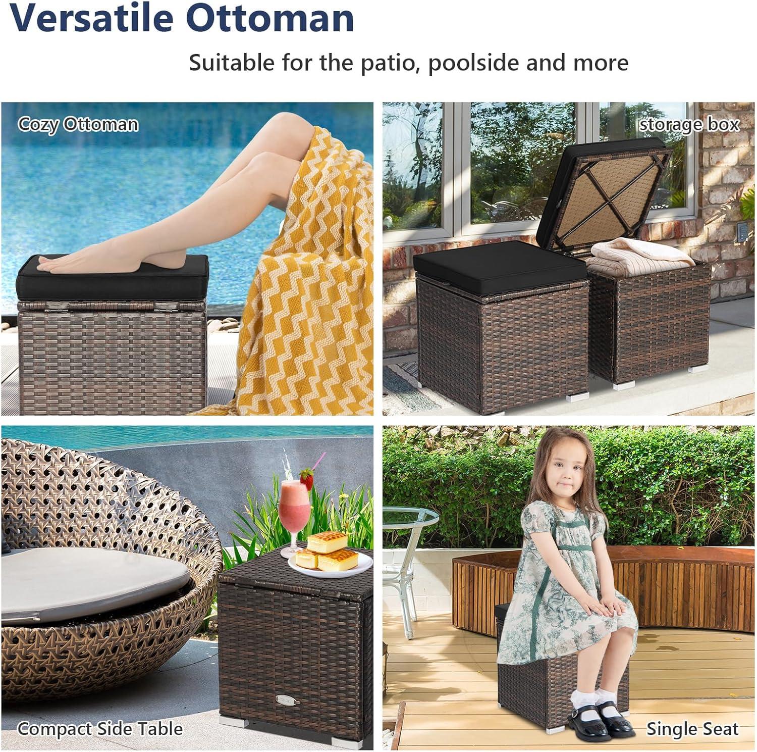 Navy Cushioned PE Rattan Storage Ottomans Set
