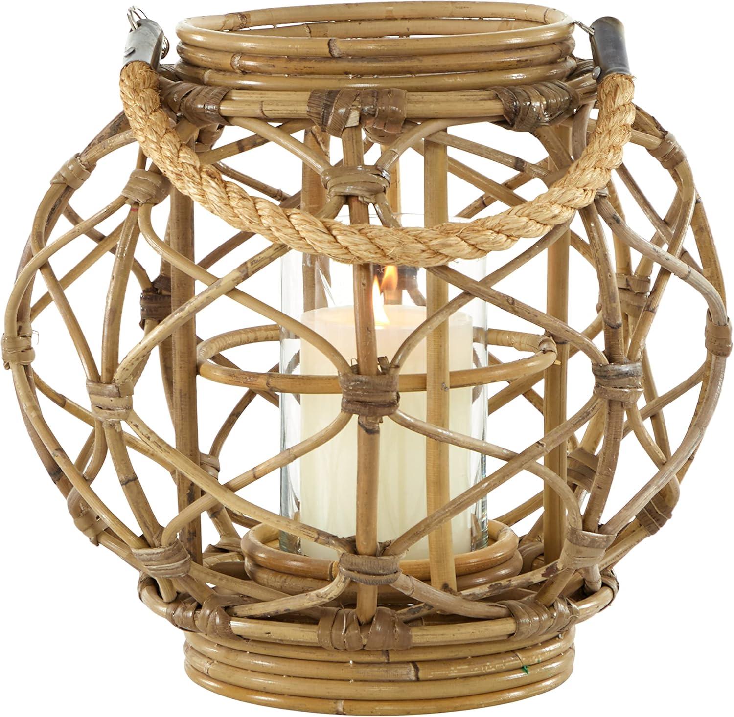 Ellipse-Shaped Rattan and Burlap Rope Hanging Lantern, 13''