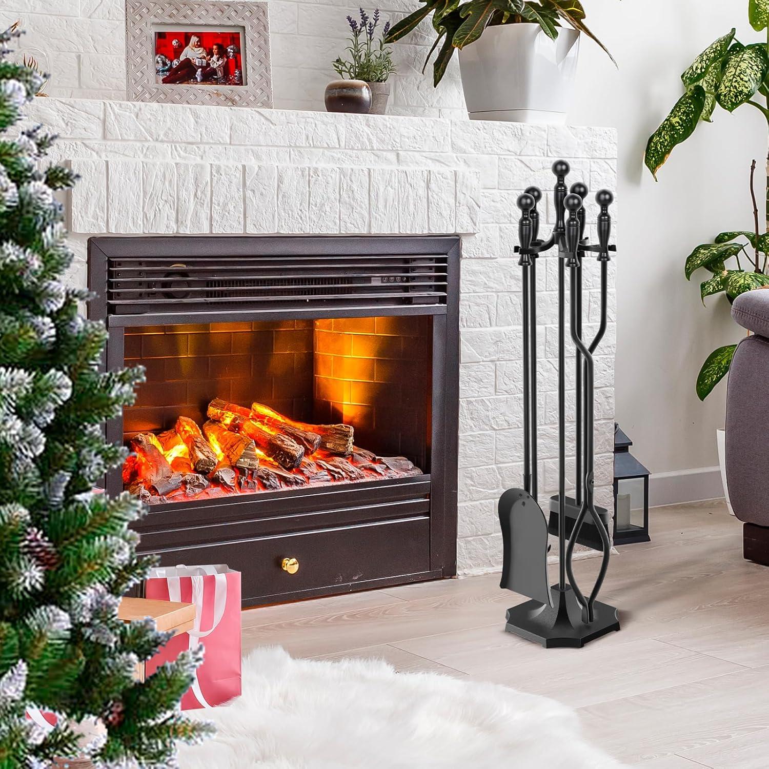 Rustic Black Wrought Iron 5-Piece Fireplace Tool Set With Stand - Brush, Shovel, Tongs, Poker