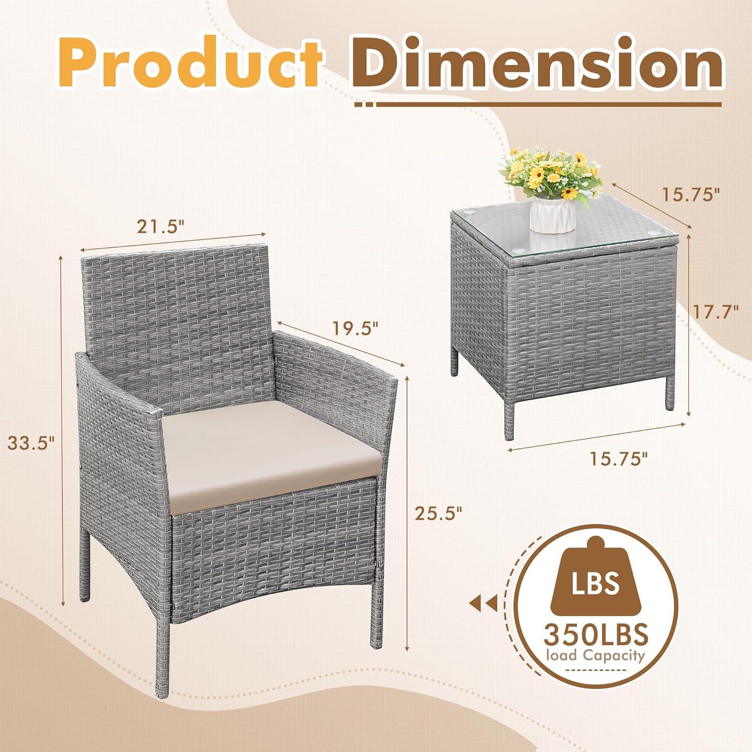 Magshion 3 Pieces Outdoor Patio Furniture Set, PE Rattan Wicker Chairs with Table, Outdoor Garden Porch Conversation Set with Glass Tabletop and Cushion, Grey/Grey