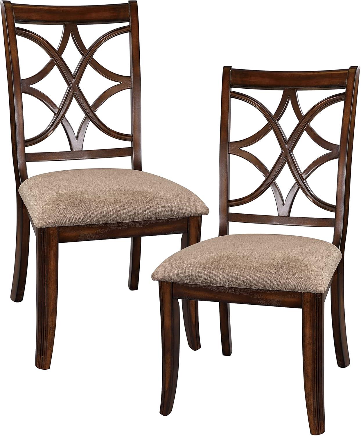 Solid Wooden Side Chair With Beige Fabric Seat, Cherry Brown and Beige (Set Of 2)- Saltoro Sherpi