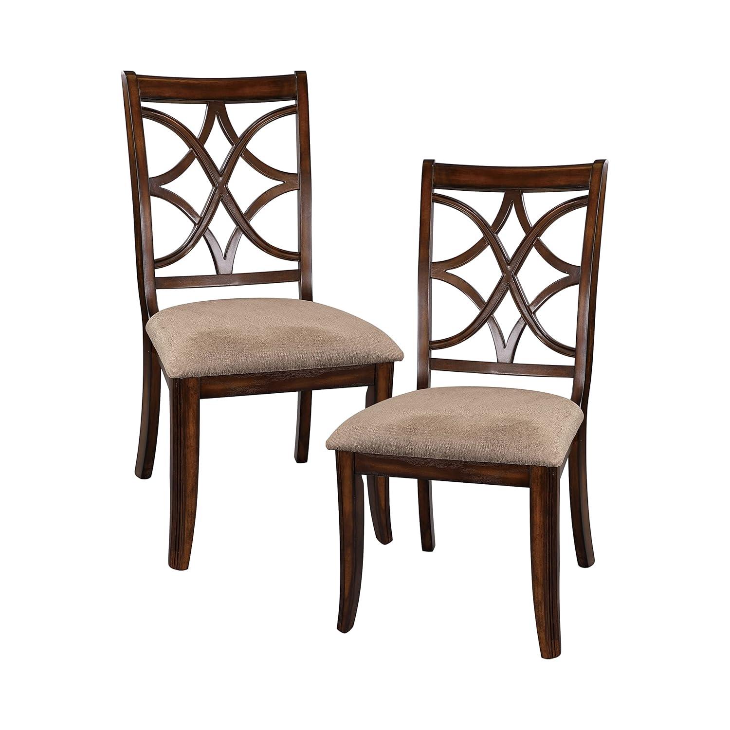 Solid Wooden Side Chair With Beige Fabric Seat, Cherry Brown and Beige (Set Of 2)- Saltoro Sherpi