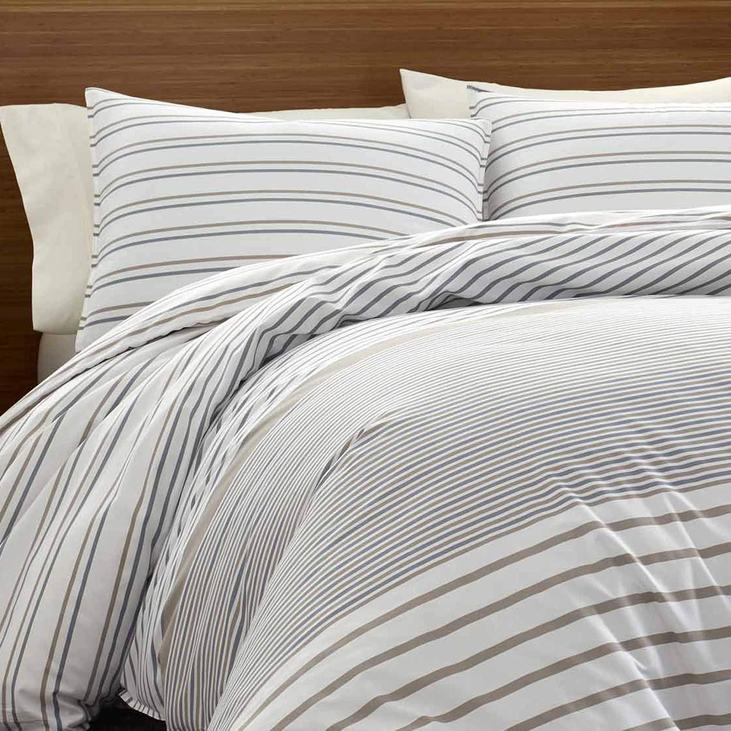 Full/Queen Sandstone and Ivory Cotton Stripe Duvet Cover Set