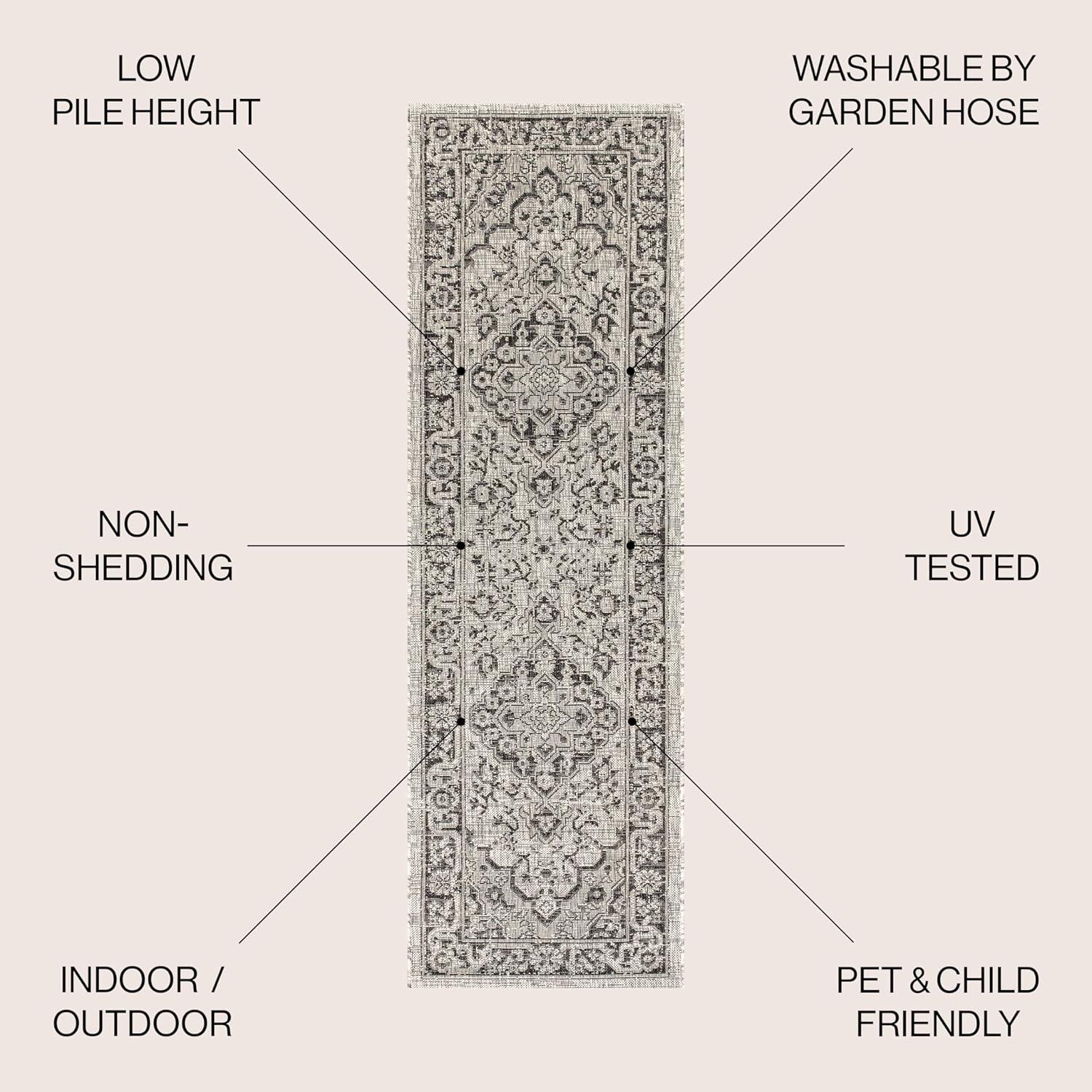 2'x8' Rozetta Boho Medallion Textured Weave Indoor/Outdoor Runner Rug, Gray/Black - JONATHAN Y