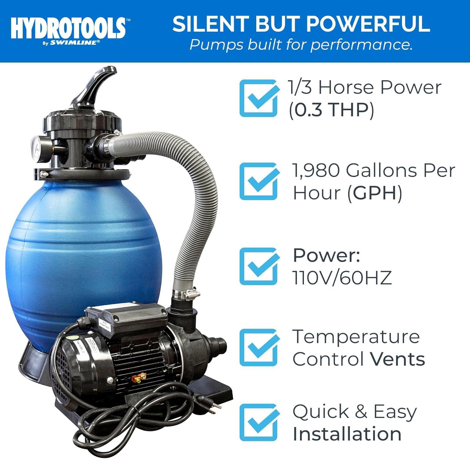 Swimline 12" .33HP HydroTools Sand Filter Pool Cleaning System Pump for 8000 Gallons Above Ground Swimming Pools and 4 Way Function Valve (71225)