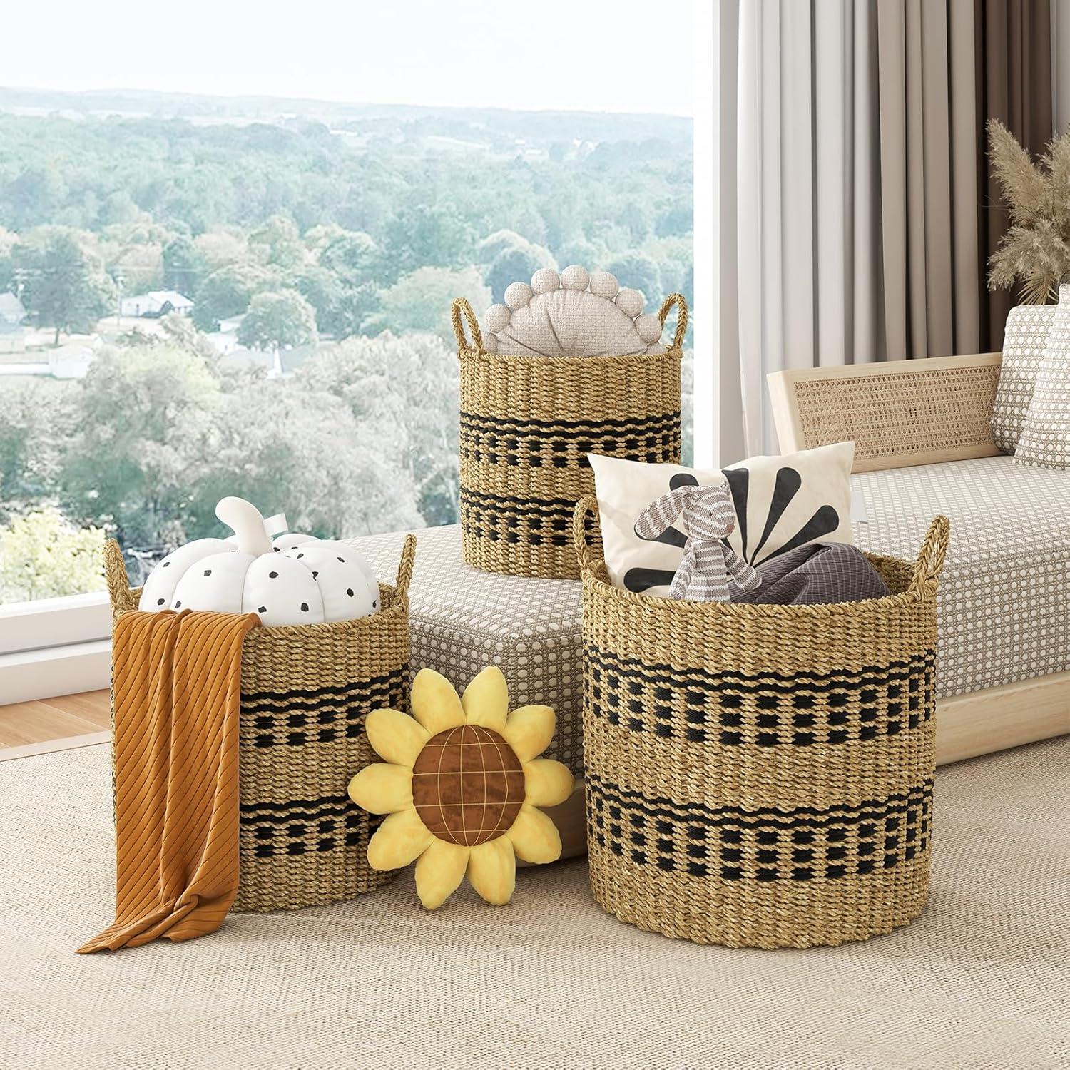 Natural Seagrass and Jute Round Storage Basket Set with Handles