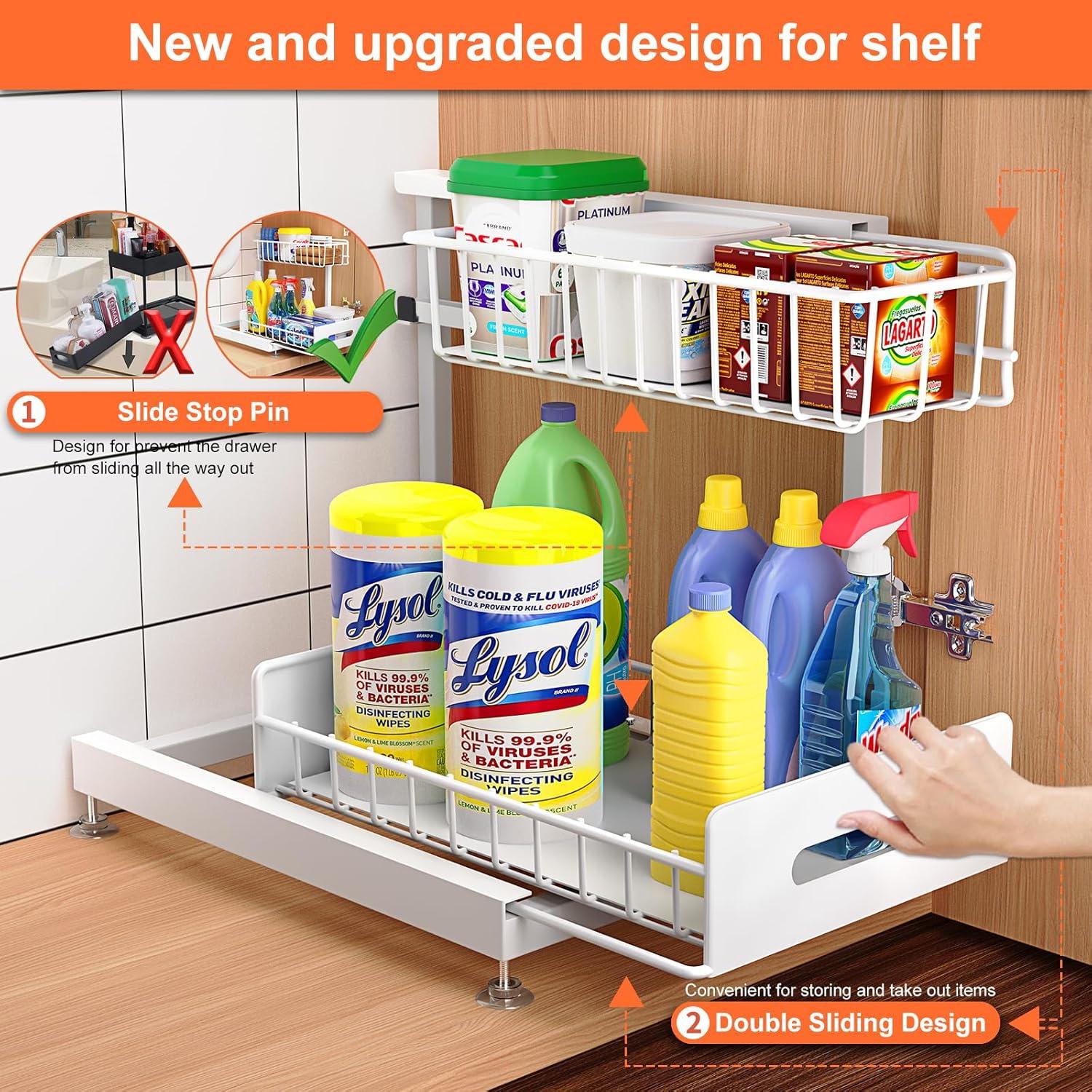 Delamu 2 Pack Under Sink Organizer and Storage, 2 Tier Pull Out Cabinet Organizer, Slide Out Under Sink Storage Shelf, Undersink Organizers Shelves for Kitchen Bathroom Pantry Organization