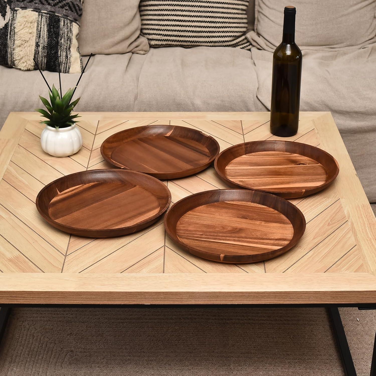 11 in Acacia Wooden Dinner Plate Set (Set of 4)