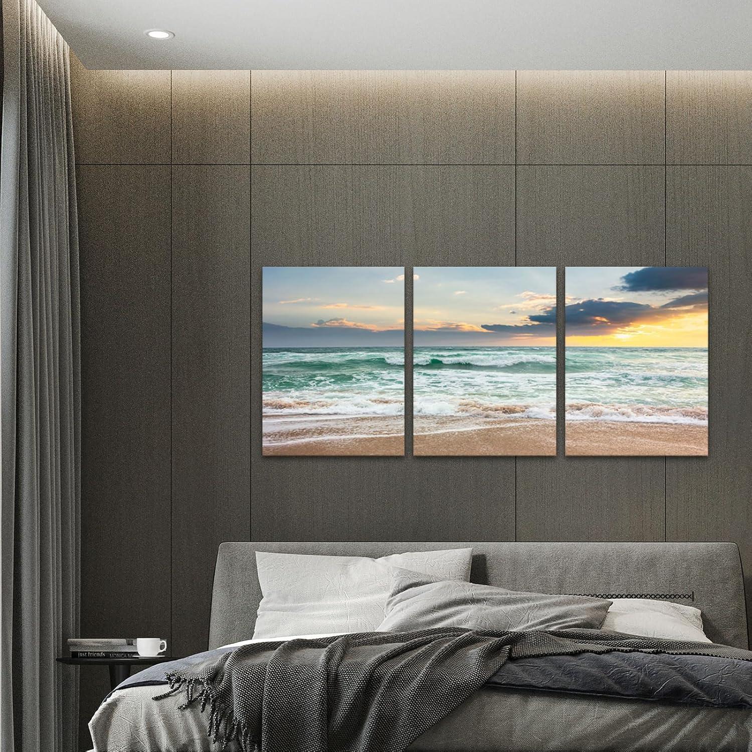 Asdg12s-3 Panel Wall Art Blue Sea Sunset White Beach Painting The Picture Print On Canvas Seascape The Pictures for Home Decor Decoration,Ready to Hang
