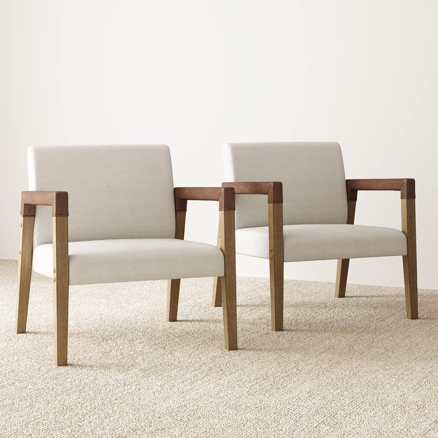 Nathan James Set of 2 Hudson Wood and Faux Leather Accent Chairs Flax