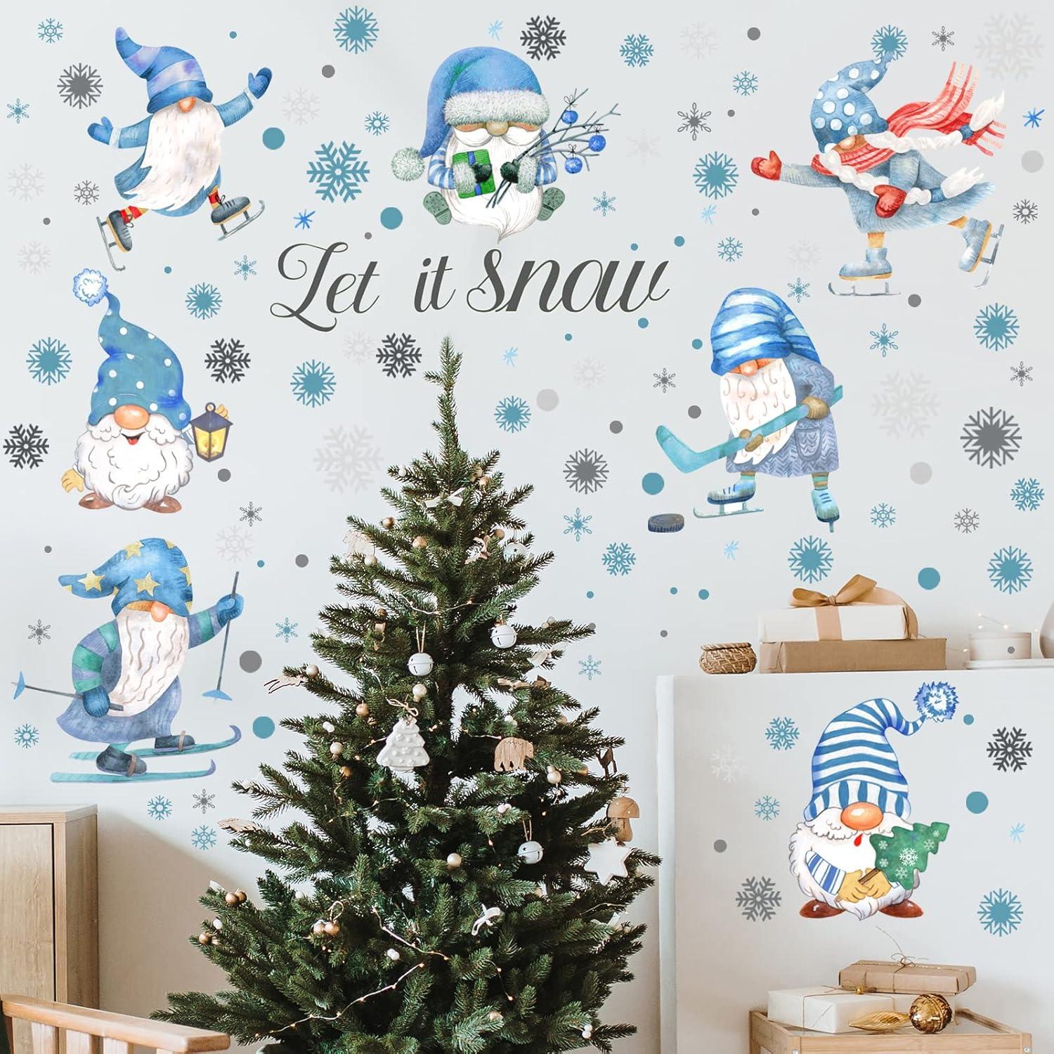 135 Pcs Snowy Winter Gnome Snowflake Wall Decals Christmas Wall Decals Snowflakes Wall Decal Silver And Blue Theme Christmas Snowflake Wall Stickers For Kid Bedroom Home Kitchen Decor Gift(Snow Style)