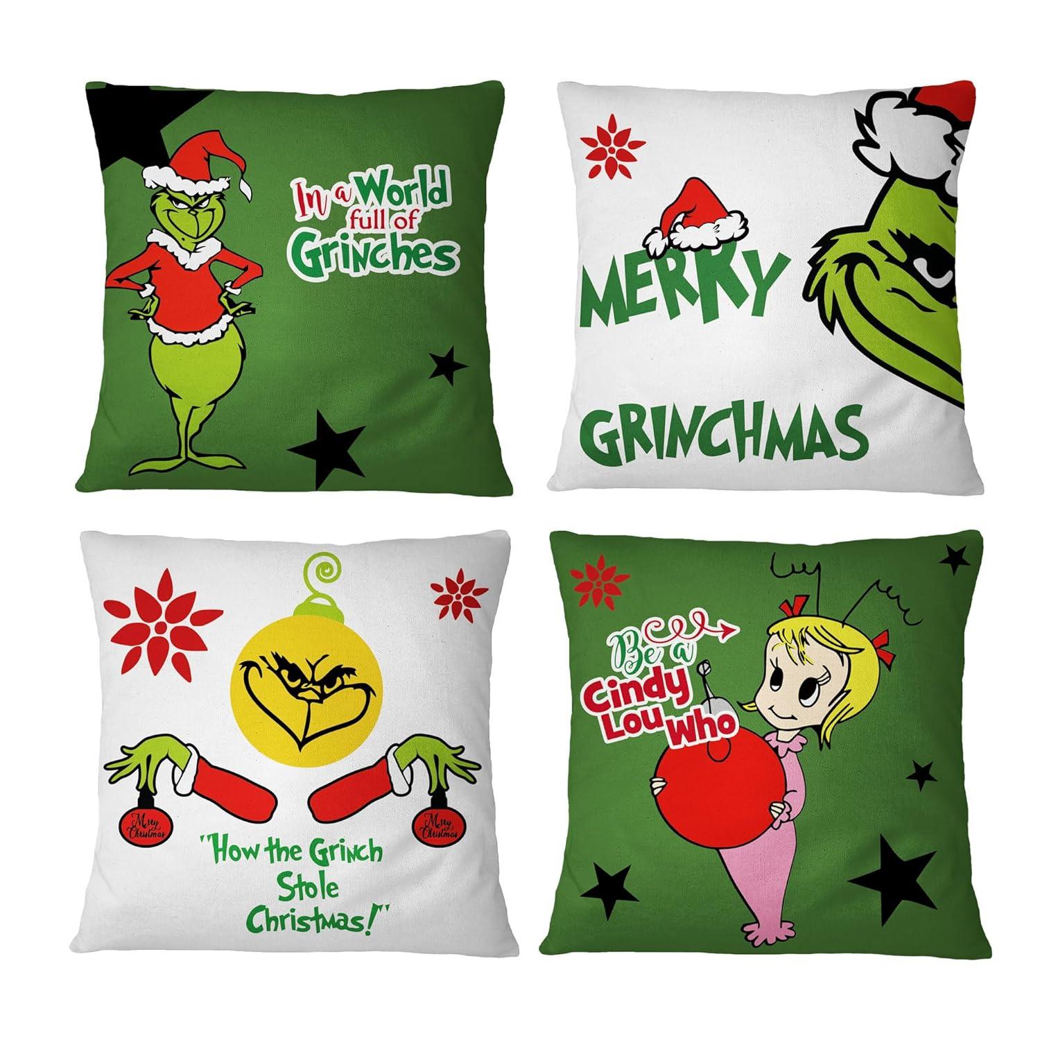 Christmas Grlnch Pillow Covers 18x18 Inch for Christmas Decorations Throw Pillow Case Green and Red Stripe Farmhouse Merry Winter Holiday Home Decor Sofa Cushion Set of 4