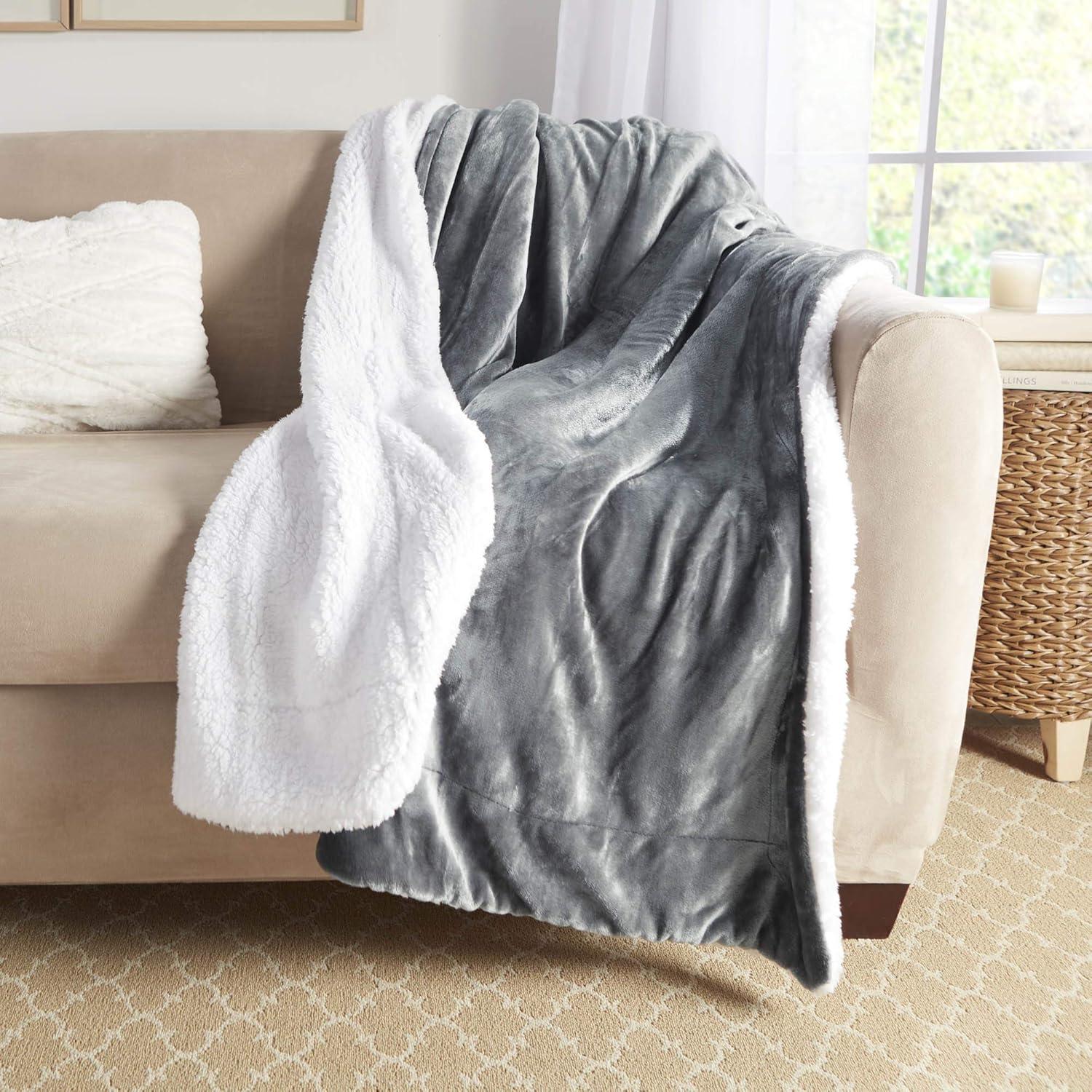 Gray and White Reversible Sherpa Fleece Throw Blanket 50 x 60 Inch