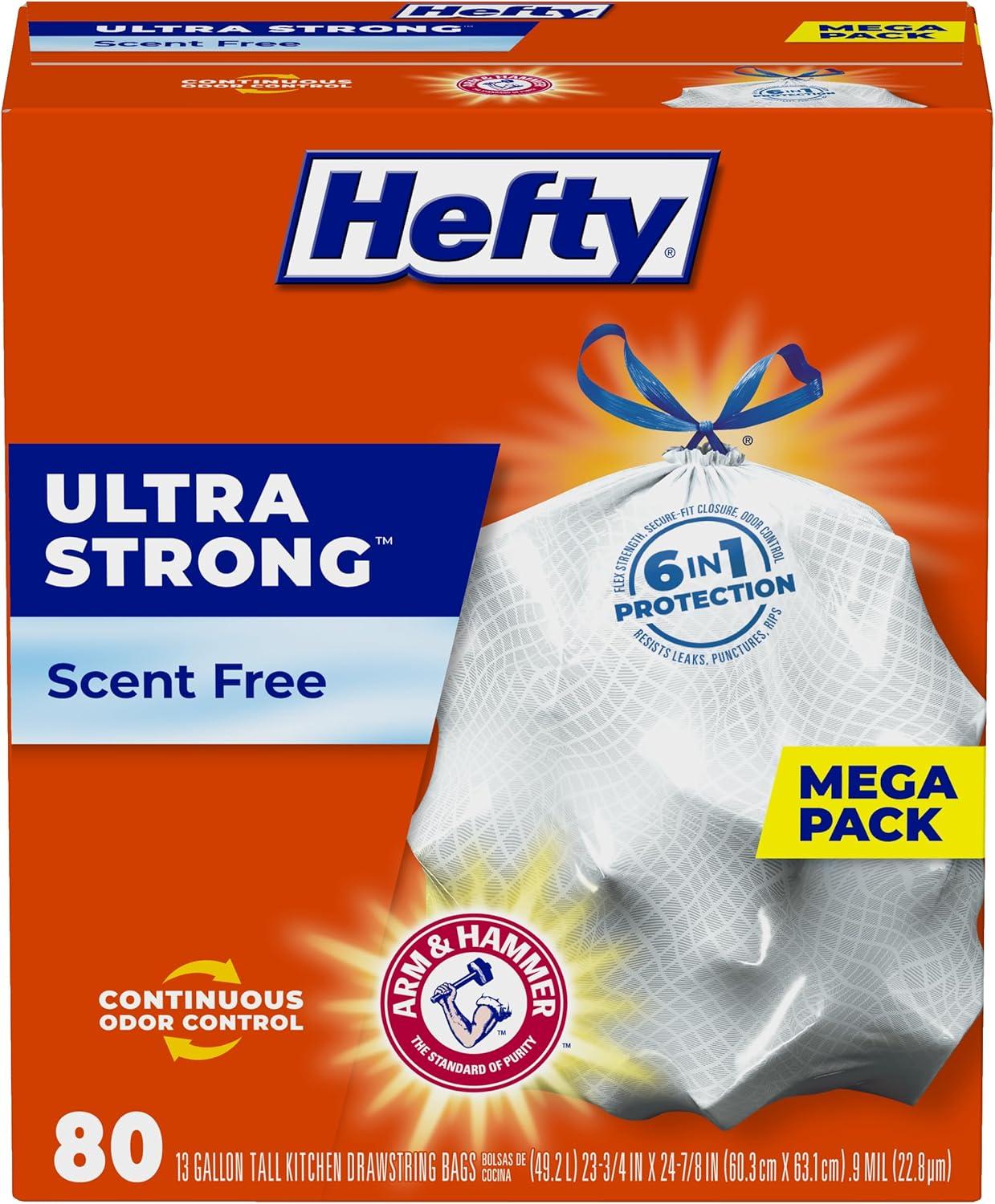 Hefty Ultra Strong 13 gallon Trash Bags, Tall Kitchen Trash Bags, White, Unscented, 80 Bags