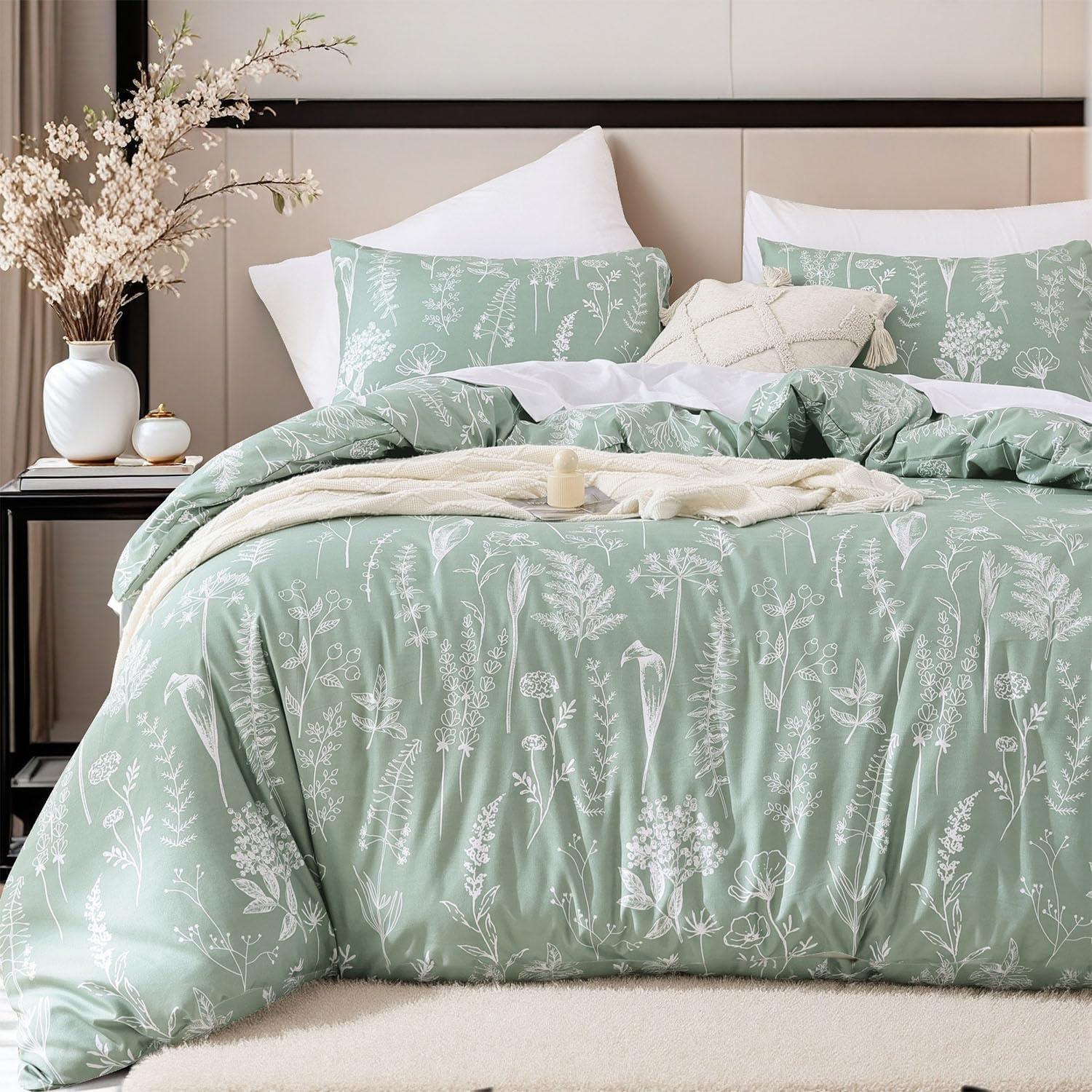 2 Pcs Floral Printed Reversible Sage Green Comforter Set Twin/Twin XL Size Soft Designed Plants Pattern Bedding Set - Bedsure