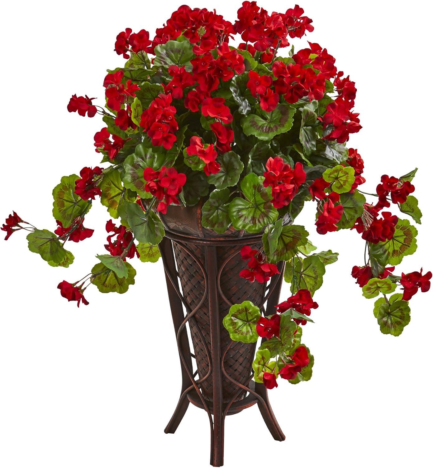 Lush 35" Red Geranium Artificial Plant in Modern Stand Planter