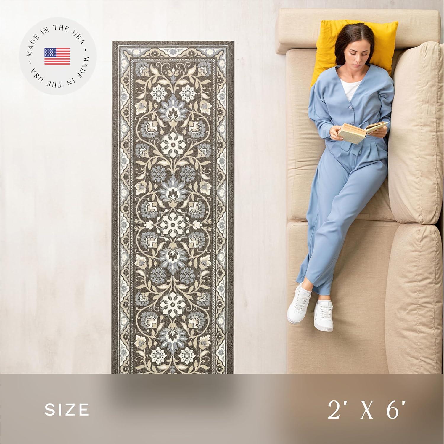 Maples Rugs Florence Traditional Swirl Gray Washable Hallway Runner Rug, 2' x 6'