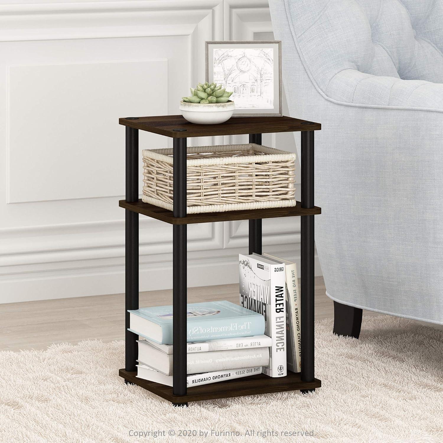 Furinno Just 3-Tier Turn-N-Tube End Table, 2-Pack, Columbia Walnut/Black