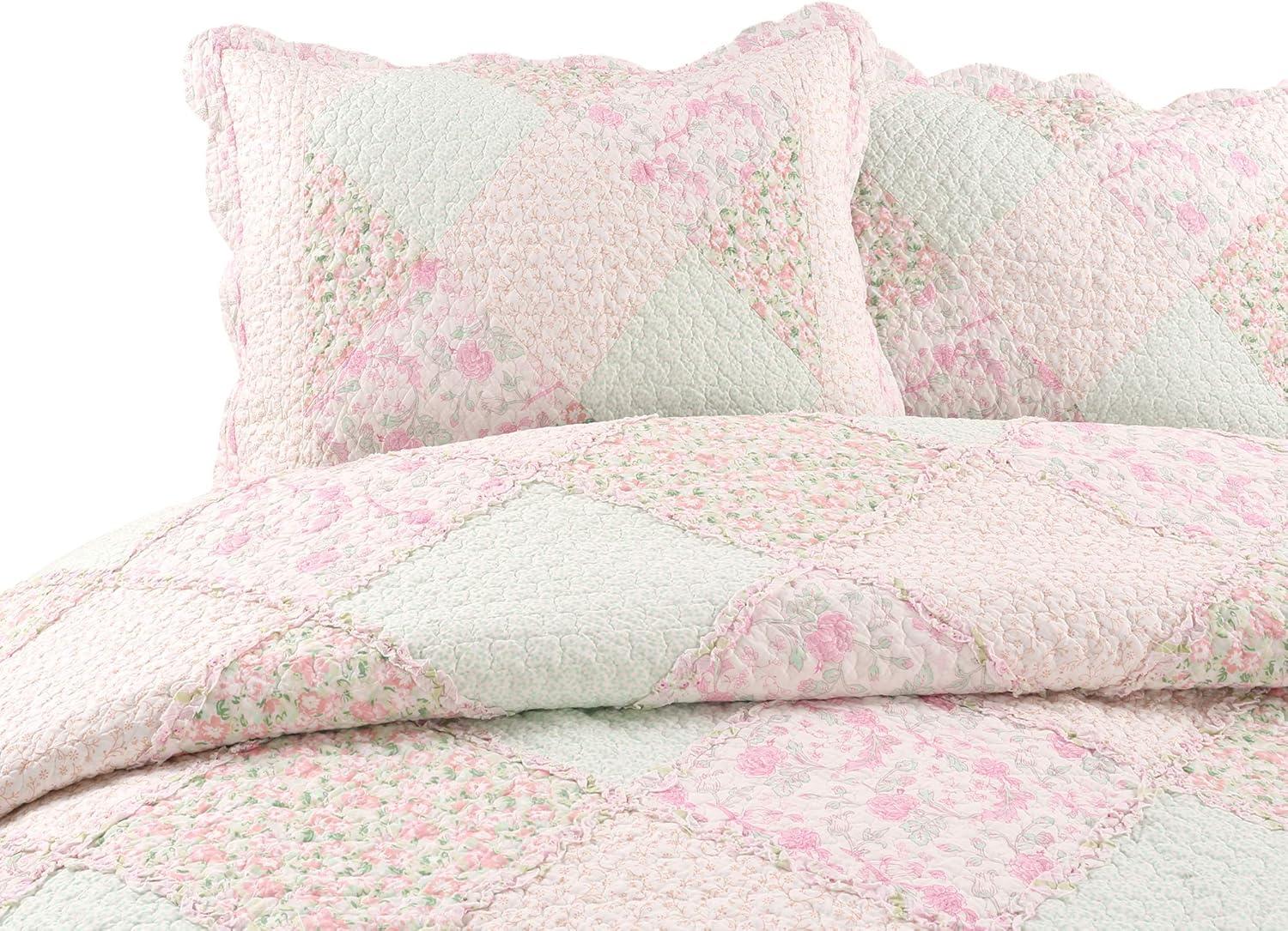 Cozy Line Pink Rosa Floral Real Patchwork 100% Cotton 2-Piece Reversible Quilt Bedding Set, Twin