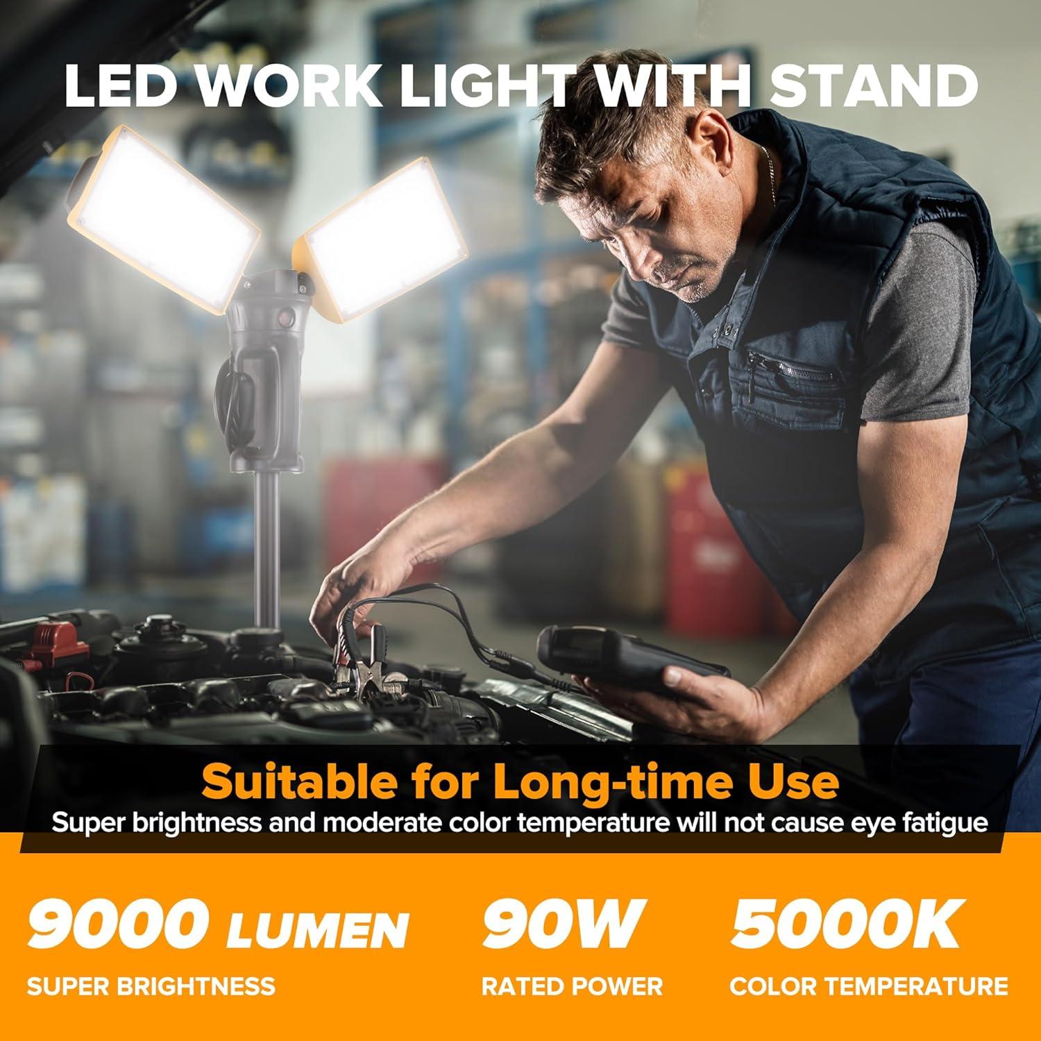 Dual-Head Telescoping LED Work Light with Stand, 9000 Lumen