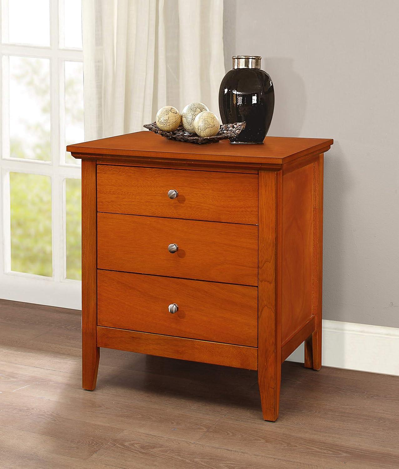 Oak Veneer 3-Drawer Rectangular Nightstand with Nickel Handles