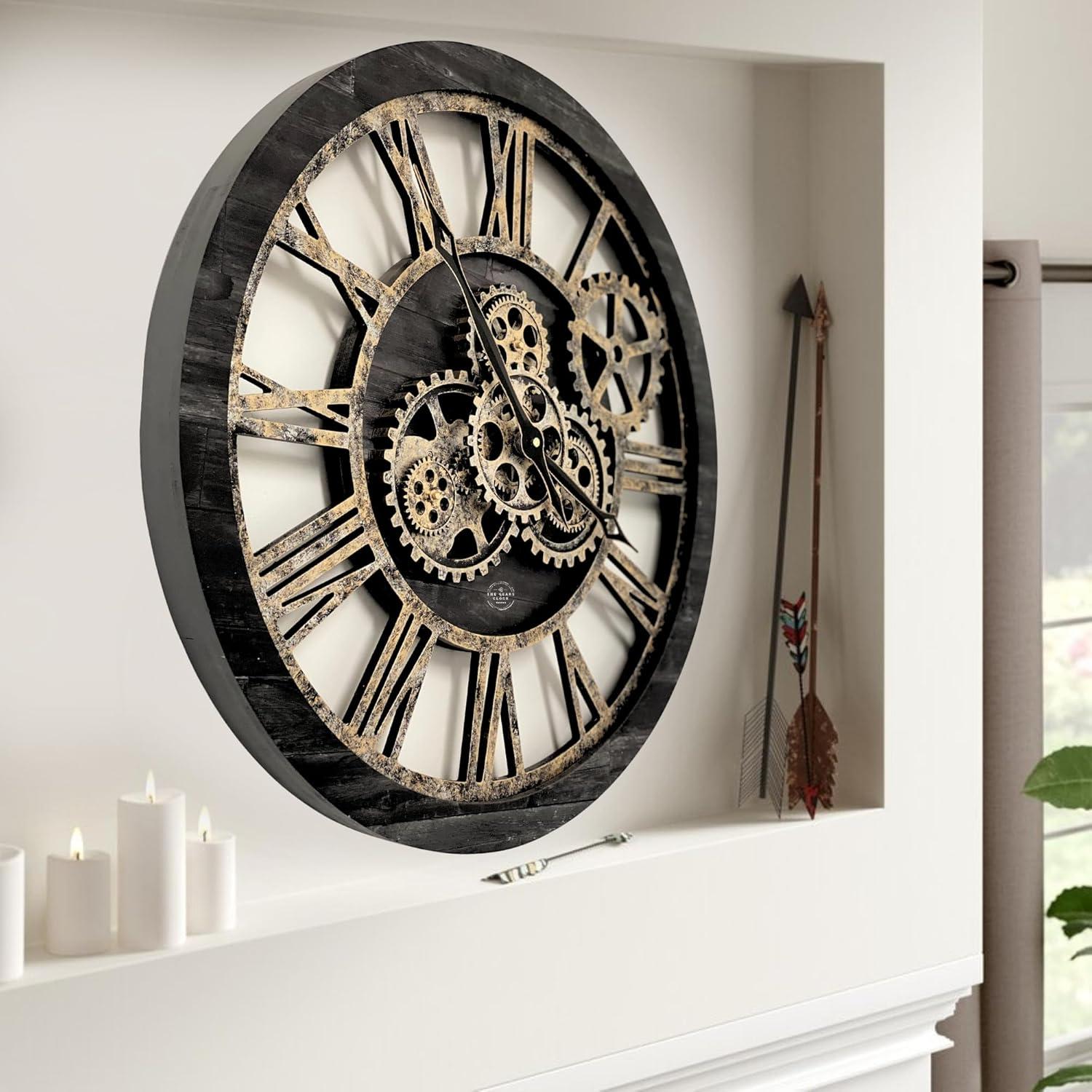 THE GEARS CLOCK Wall Clock with Real Moving Gears AM-LI_ 24 in Round Vintage-Black