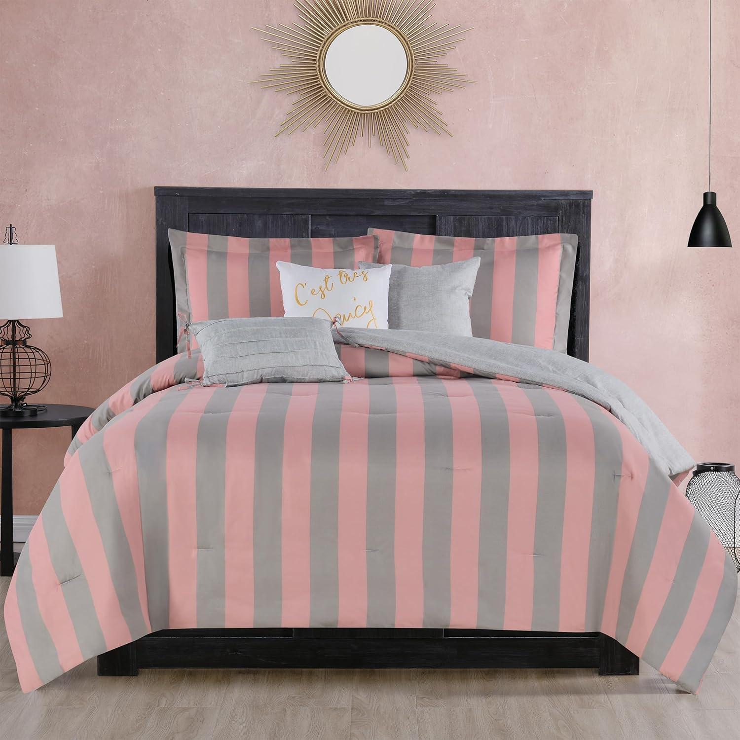 Full Size Grey and Pink Microfiber Reversible Comforter Set