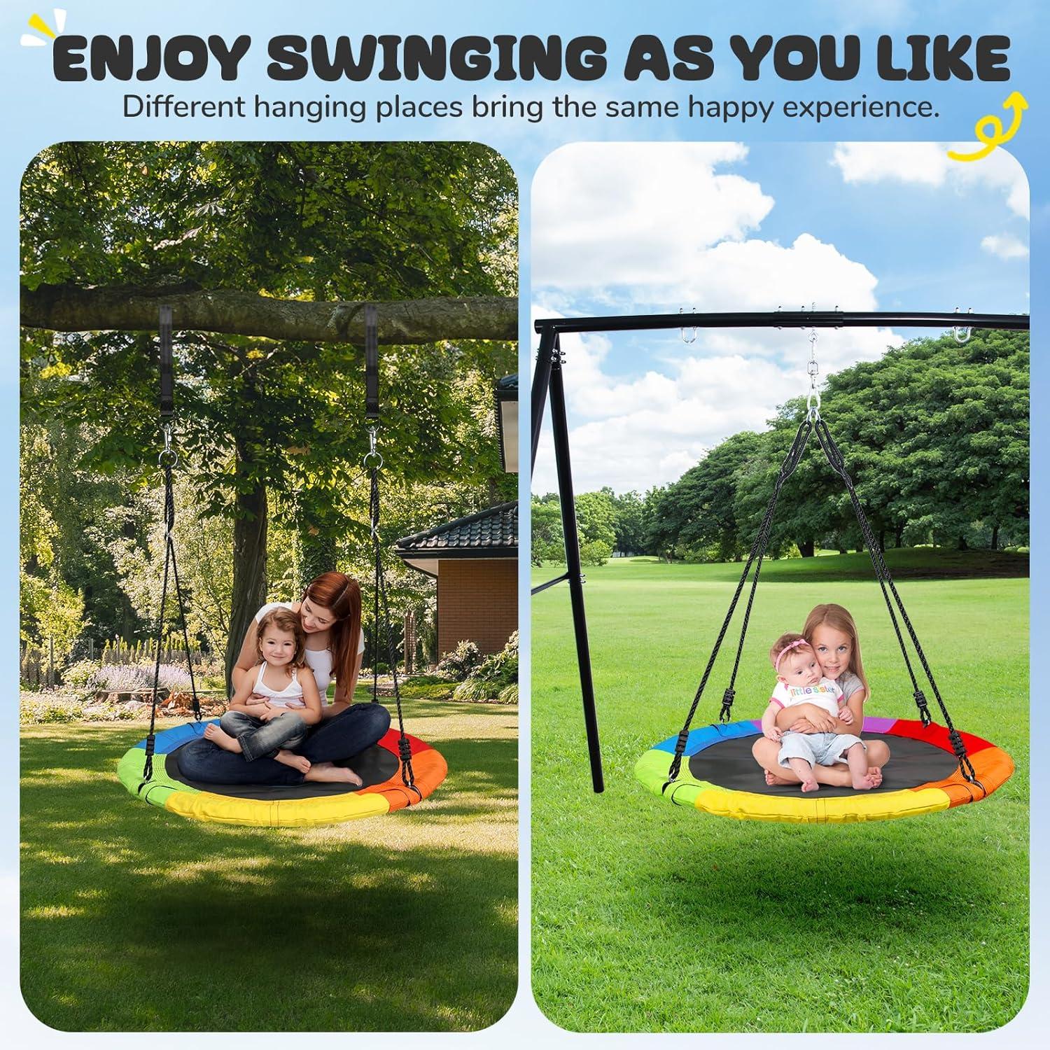 KloKick Saucer Tree Swing 700lb 40in for Kids Adults Waterproof Sets with 2pcs Tree Hanging Straps, Heavy-Duty Steel Frame & Adjustable Ropes, Rainbow