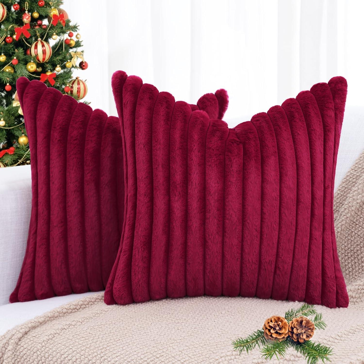 Burgundy Faux Fur 20x20 Decorative Pillow Covers Set of 2