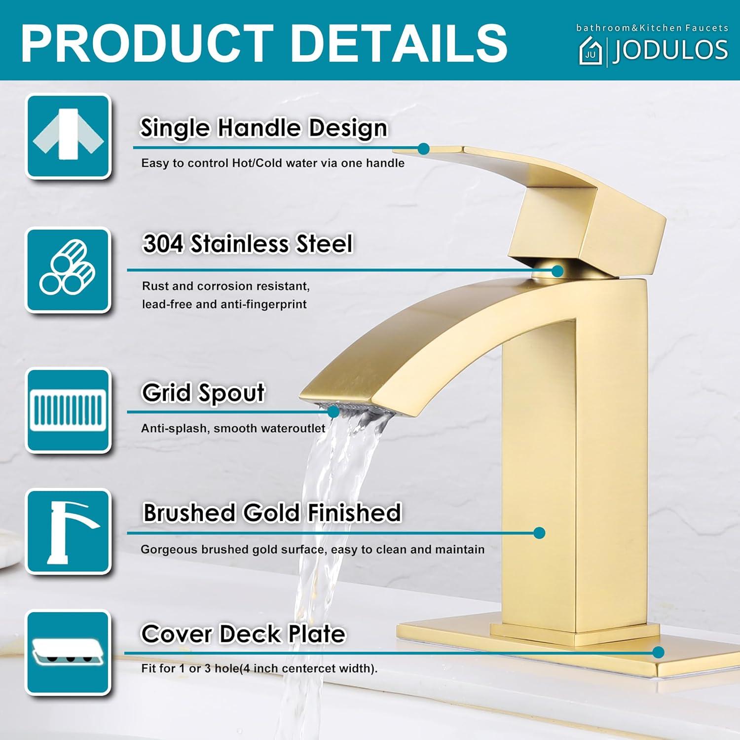 Brushed Gold Brass Single Handle Bathroom Faucet with Deck Plate