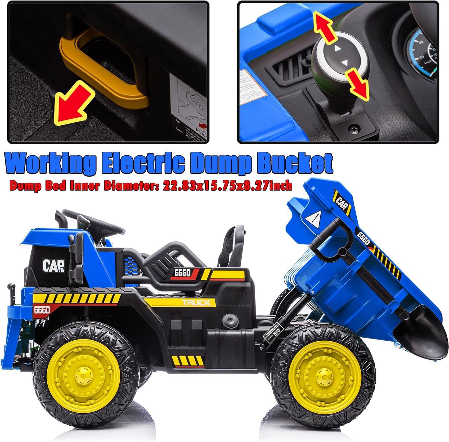 NEWQIDA 12V Ride On Dump Truck for Kids Car with Remote Control Construction Vehicles with Electric Dump Bed/Shovel, Ride On Toys for Boys Girls, 19" Spacious Seat, Music, Soft Start, Music, Blue