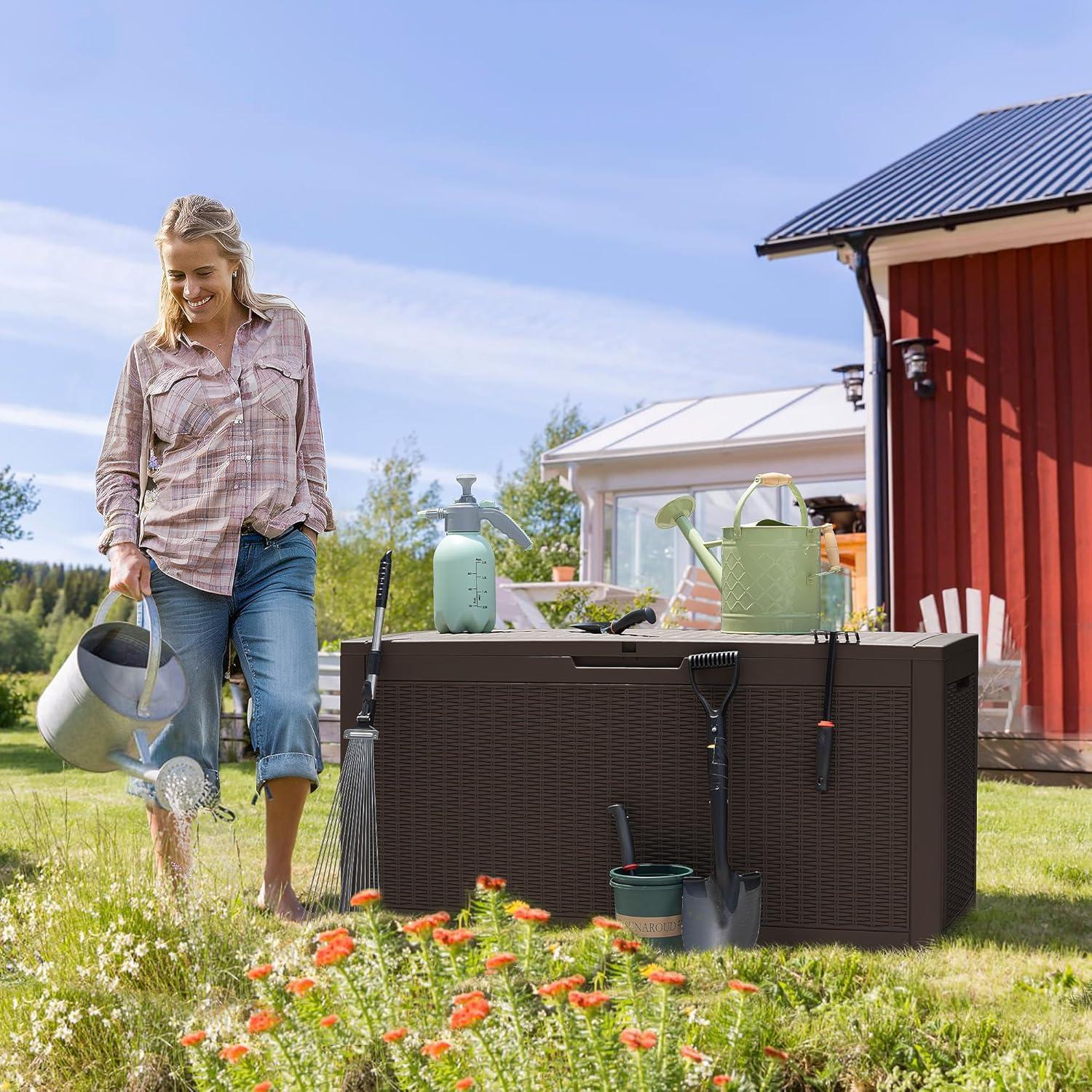 Flamaker 100 Gallon Large Deck Box Waterproof Resin Outdoor Storage for Patio Furniture, Garden Tools, Pool Accessories and Toys (Deep Brown)