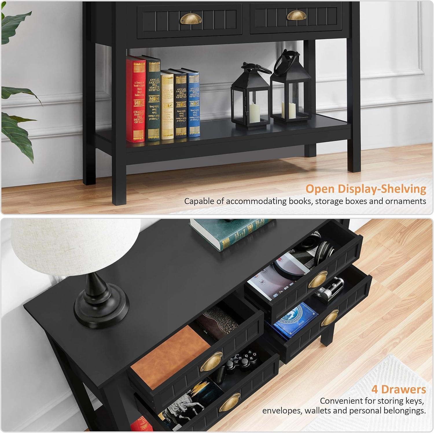 Console Table with 4 Drawers,Sofa Side Table with Open Storage Shelf, Entryway Table for Living Room