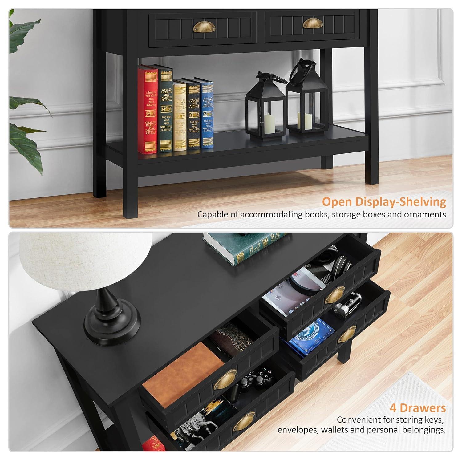 Console Table with 4 Drawers,Sofa Side Table with Open Storage Shelf, Entryway Table for Living Room