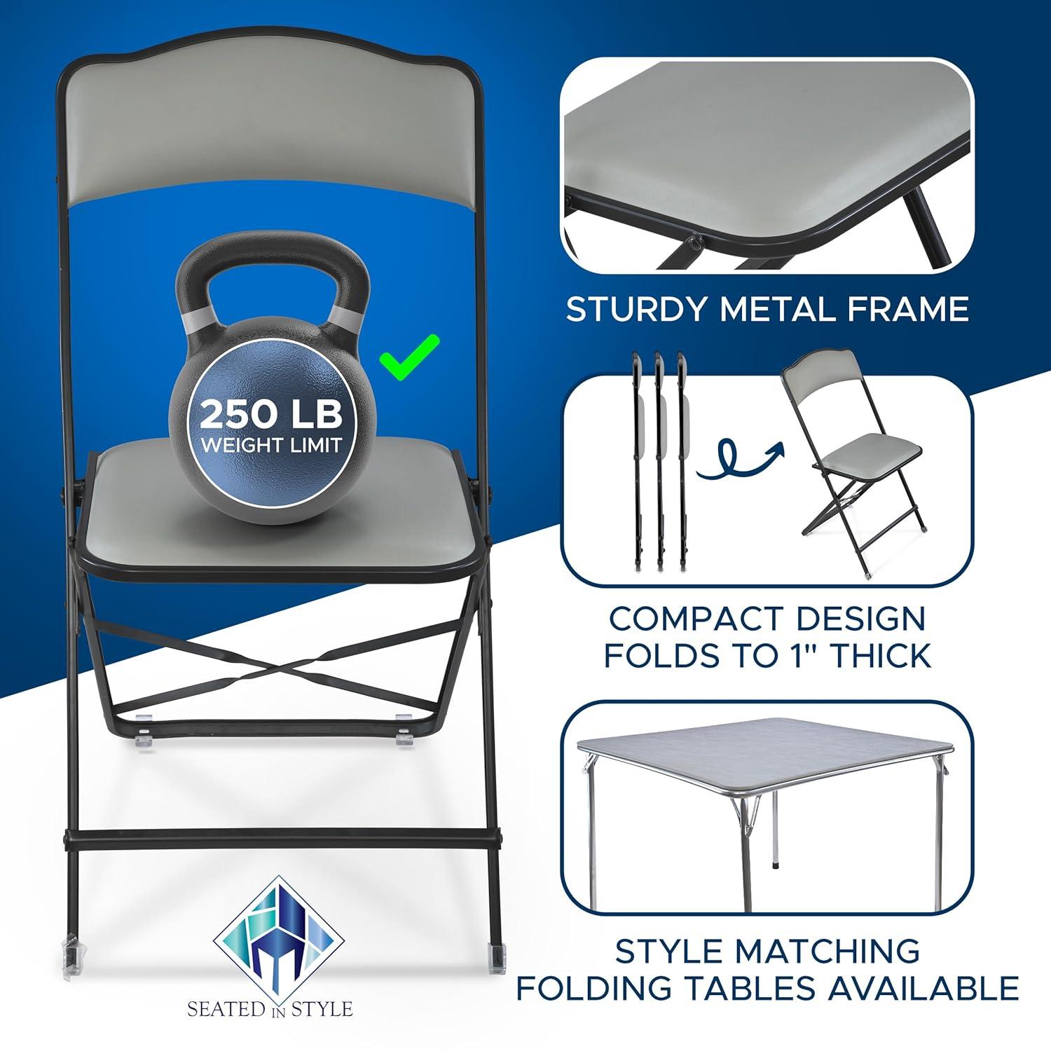 4 Pack Folding Chairs with Leather Padded Cushion Seats & Durable Metal Frame, Comfortable, Foldable, Portable, Commercial Event Seat, Indoor Outdoor for Parties, Home, Office, Black