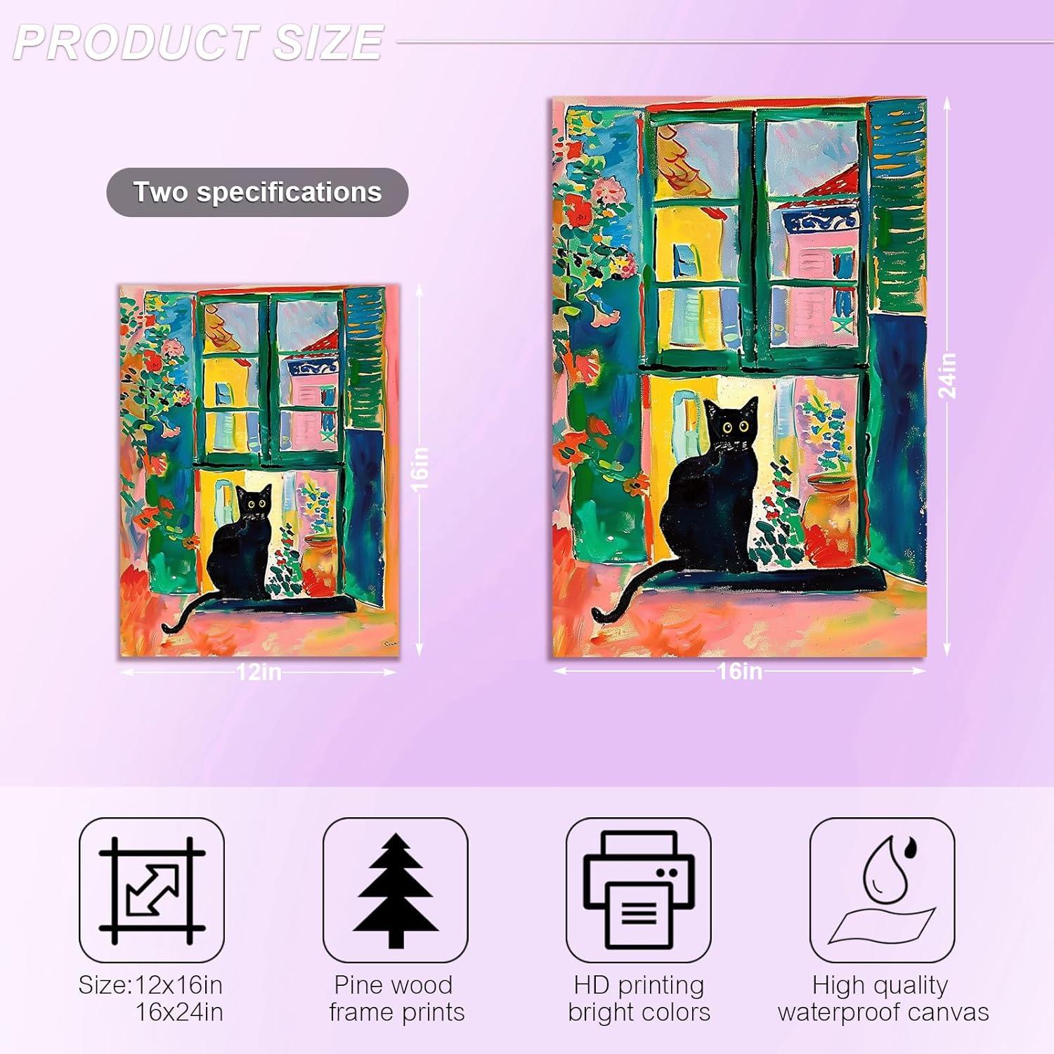 Henri Matisse Oil Paintings on Canvas Wall Art Matisse Famous Open Window Black Cat Poster Funny Cat Floral Print Colorful Farmhouse Gallery Aesthetic Room Decor for Bedroom Bathroom 12x16in Unframed